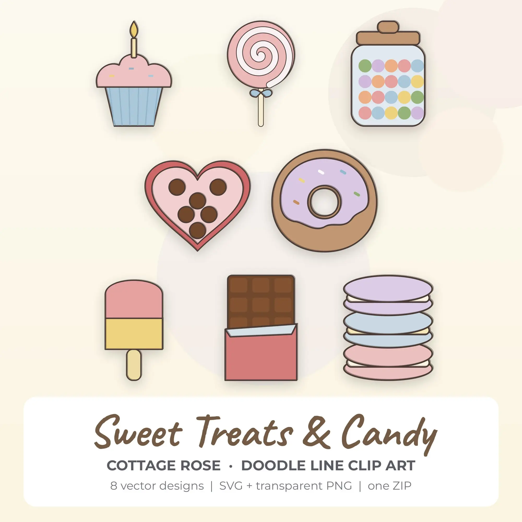 Cottage Rose Doodle Line Sweet Treats & Candy Clipart - 8 Vector Files, preview 1 of 2