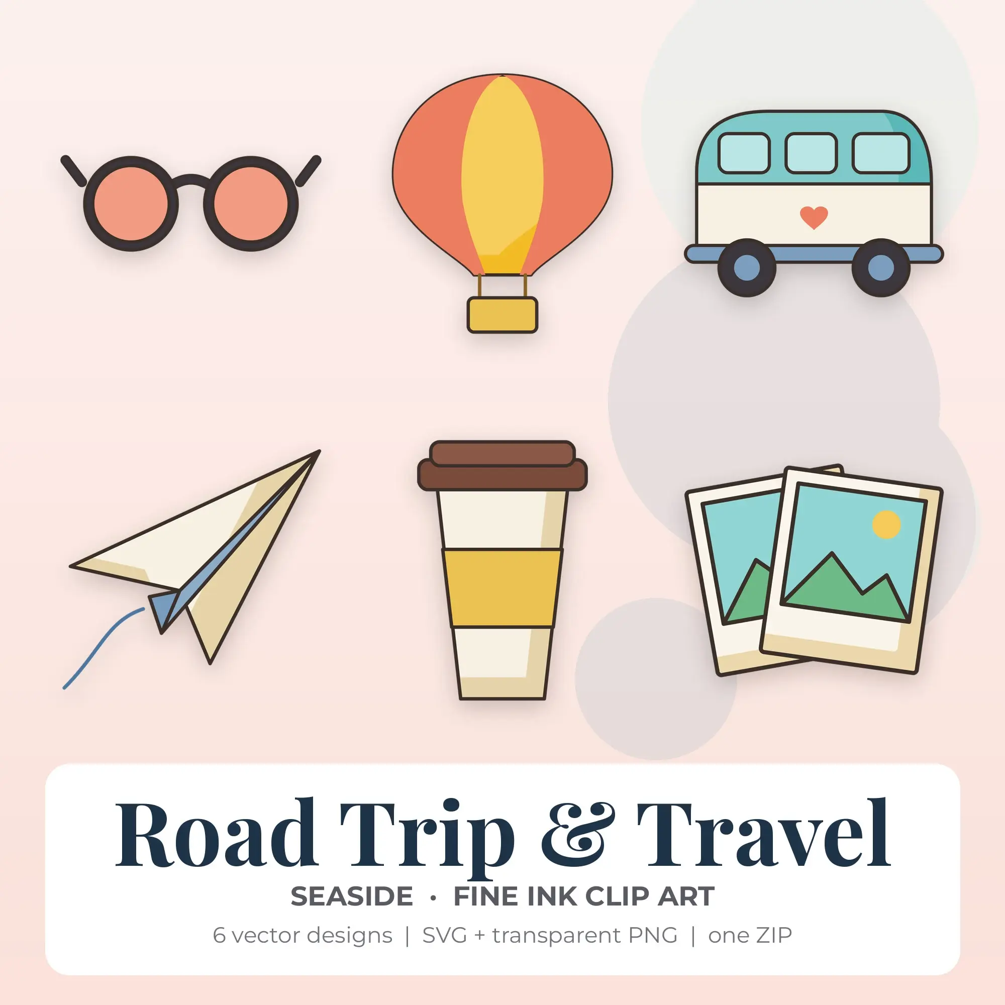 Fine Ink Road Trip & Travel Clipart Bundle, Seaside - 6 PNG SVG preview