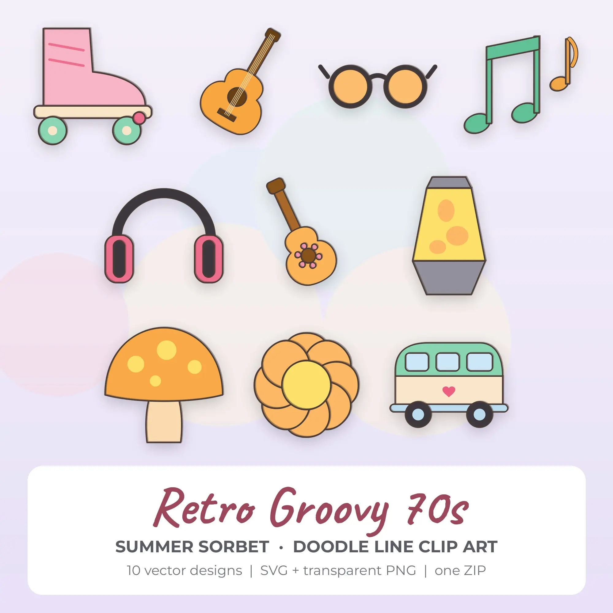 Summer Sorbet Doodle Line Retro Groovy 70s Clipart - 10 Vector Files preview