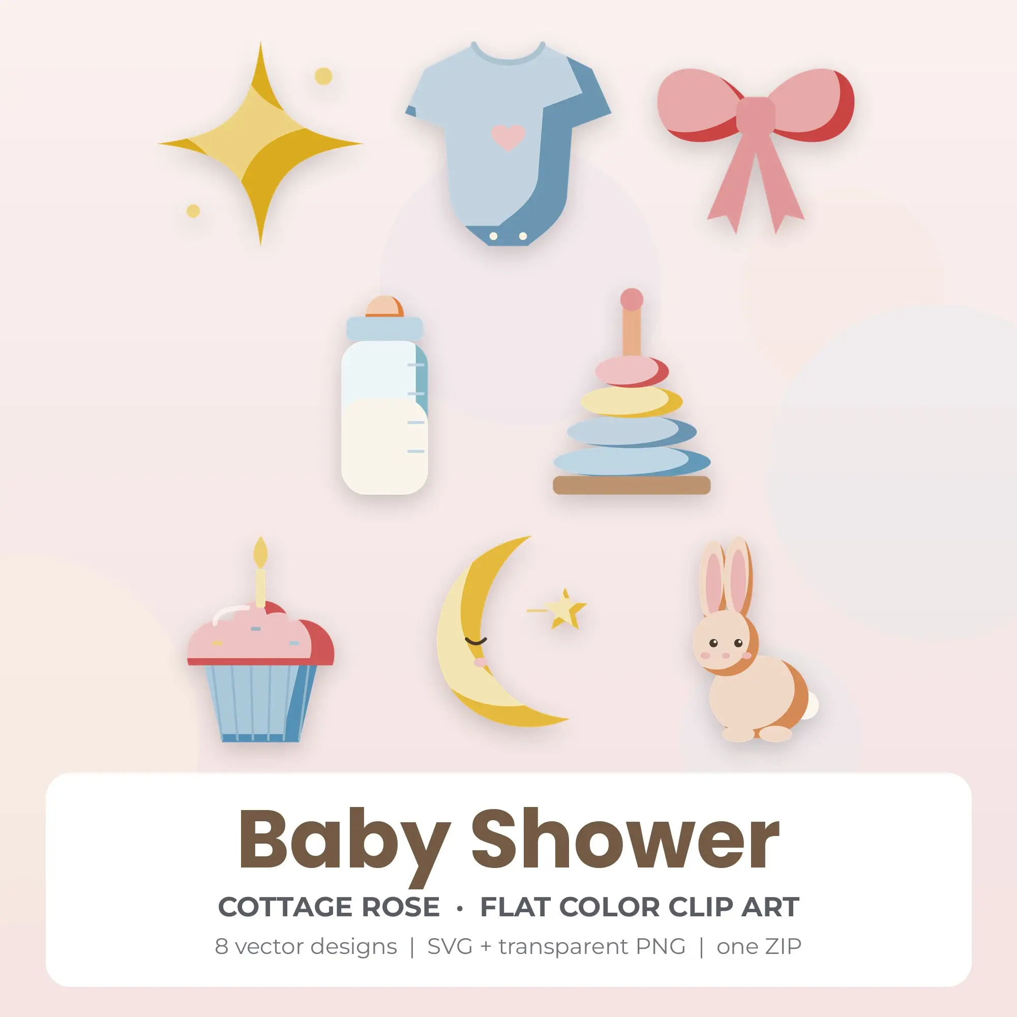 Cottage Rose Flat Color Baby Shower Clipart - 8 Vector Files preview