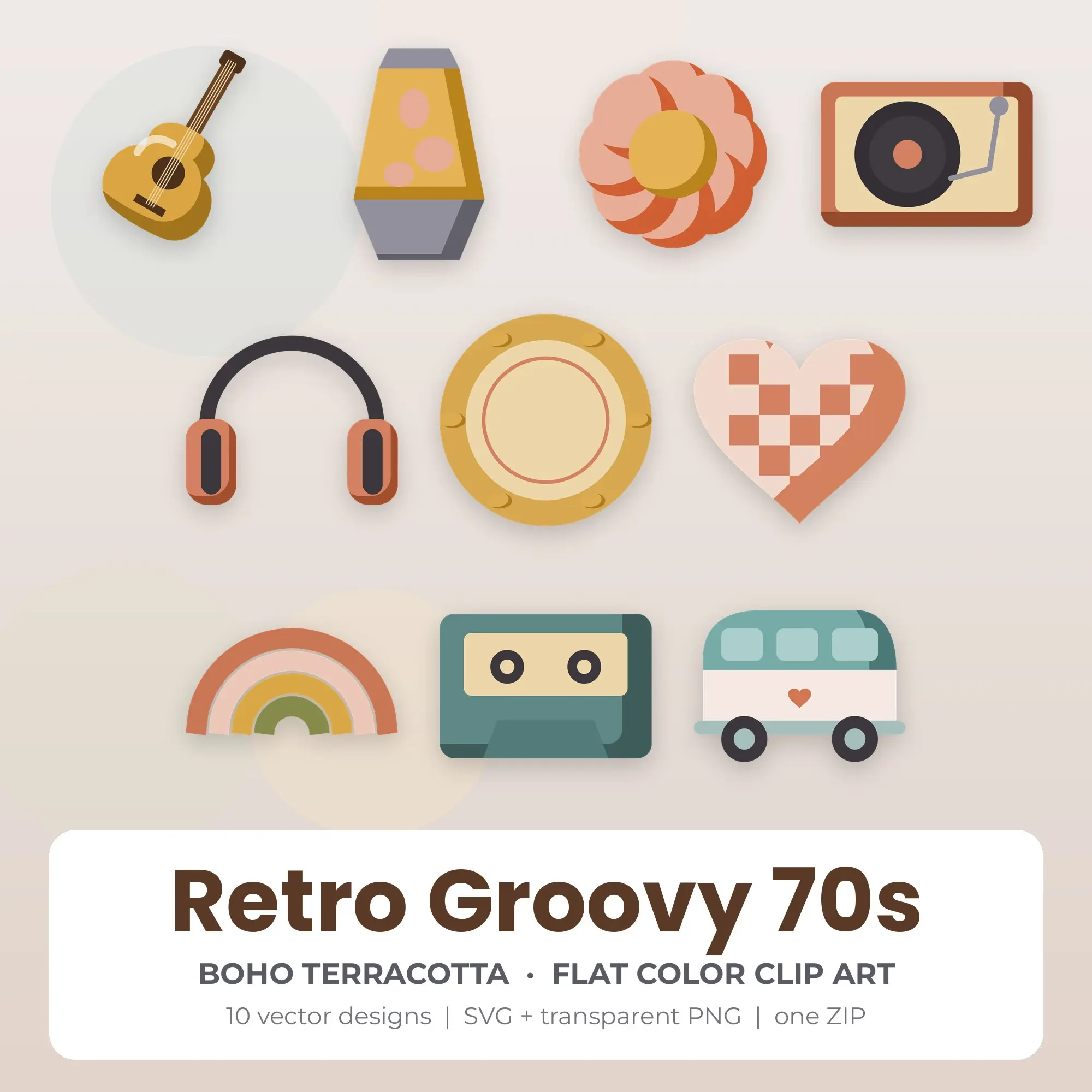 Retro Groovy 70s Clipart, Boho Terracotta Flat Color - 10 SVG PNG preview