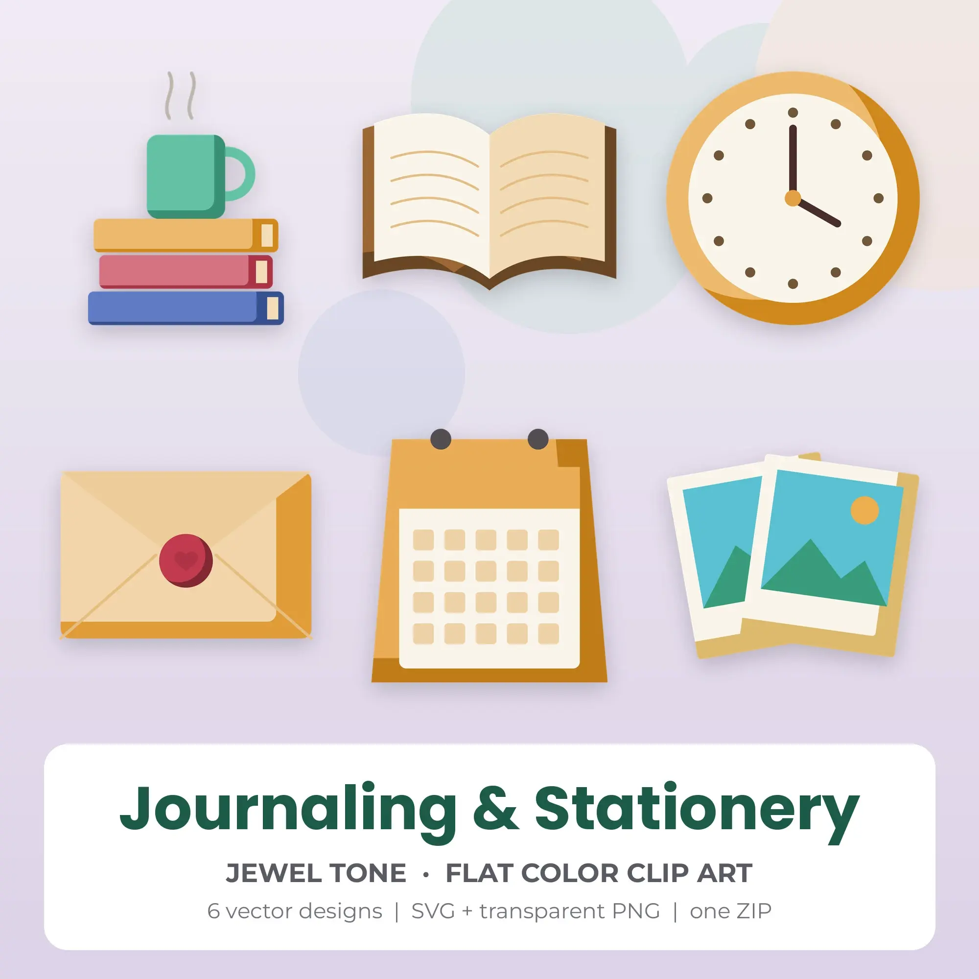 6 Flat Color Journaling & Stationery Clipart Illustrations, SVG PNG preview