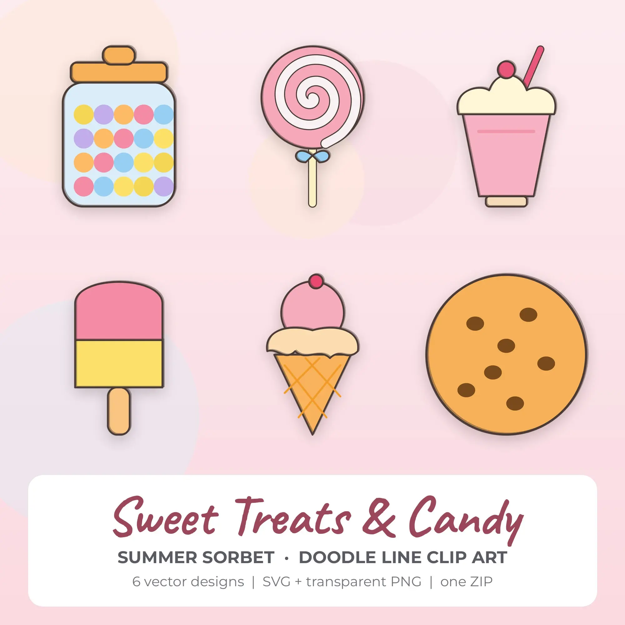 Sweet Treats & Candy Clipart, Summer Sorbet Doodle Line - 6 SVG PNG preview