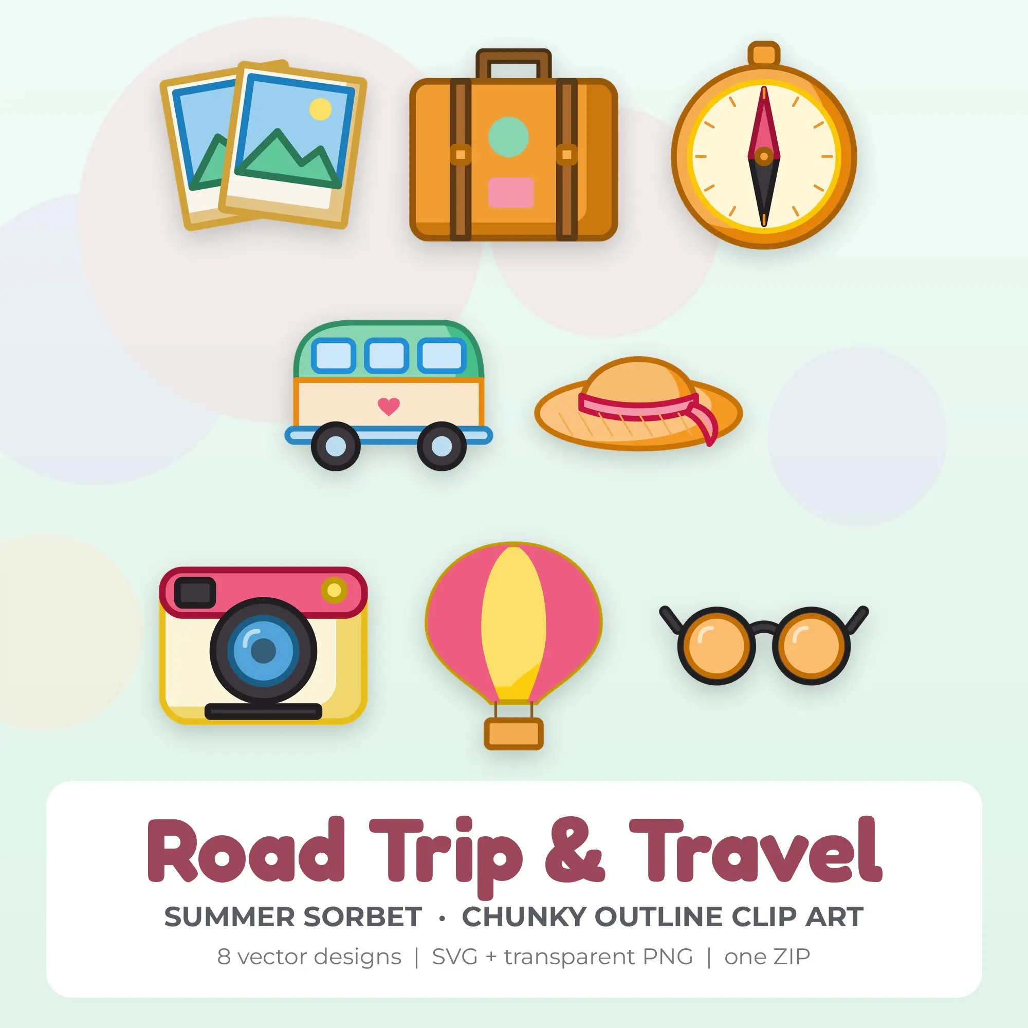 Road Trip & Travel Vector Clip Art in Summer Sorbet - 8 Designs preview