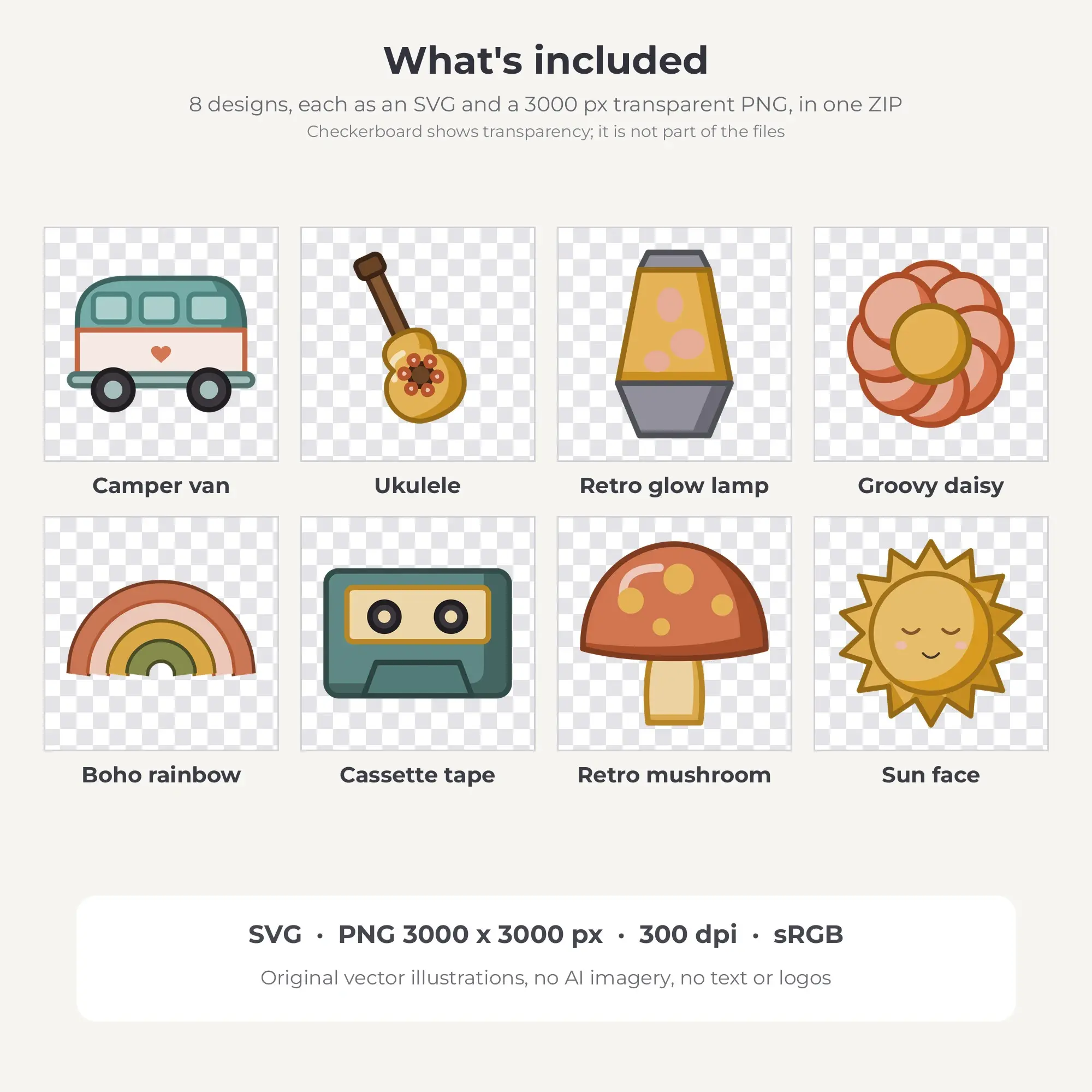 8 Chunky Outline Retro Groovy 70s Clipart Illustrations, SVG PNG, preview 2 of 2
