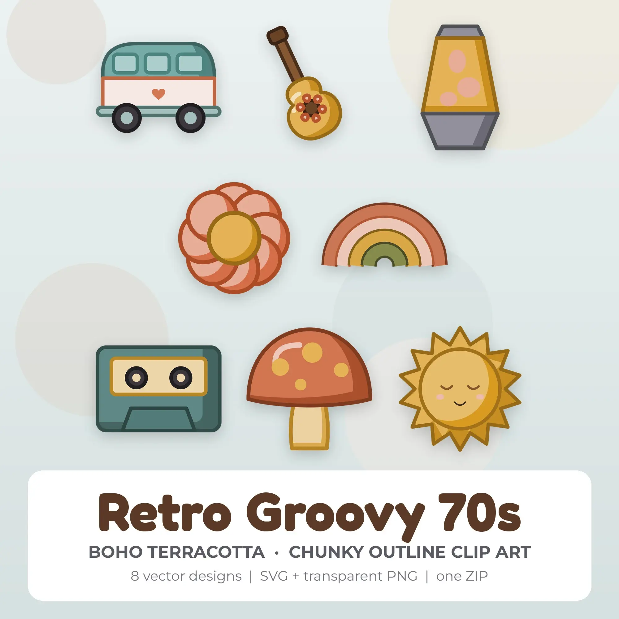 8 Chunky Outline Retro Groovy 70s Clipart Illustrations, SVG PNG, preview 1 of 2