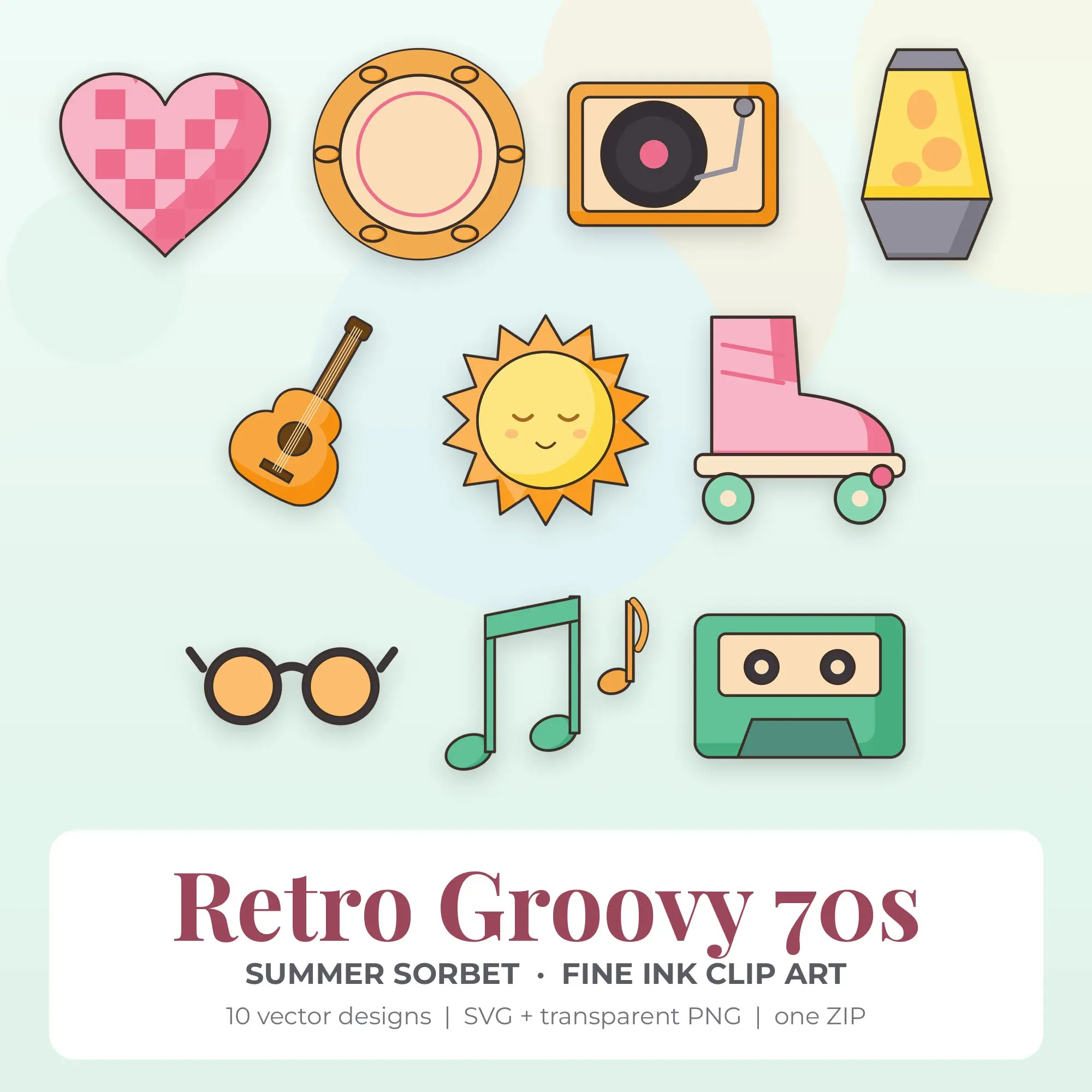 Retro Groovy 70s Clipart, Summer Sorbet Fine Ink - 10 SVG PNG preview