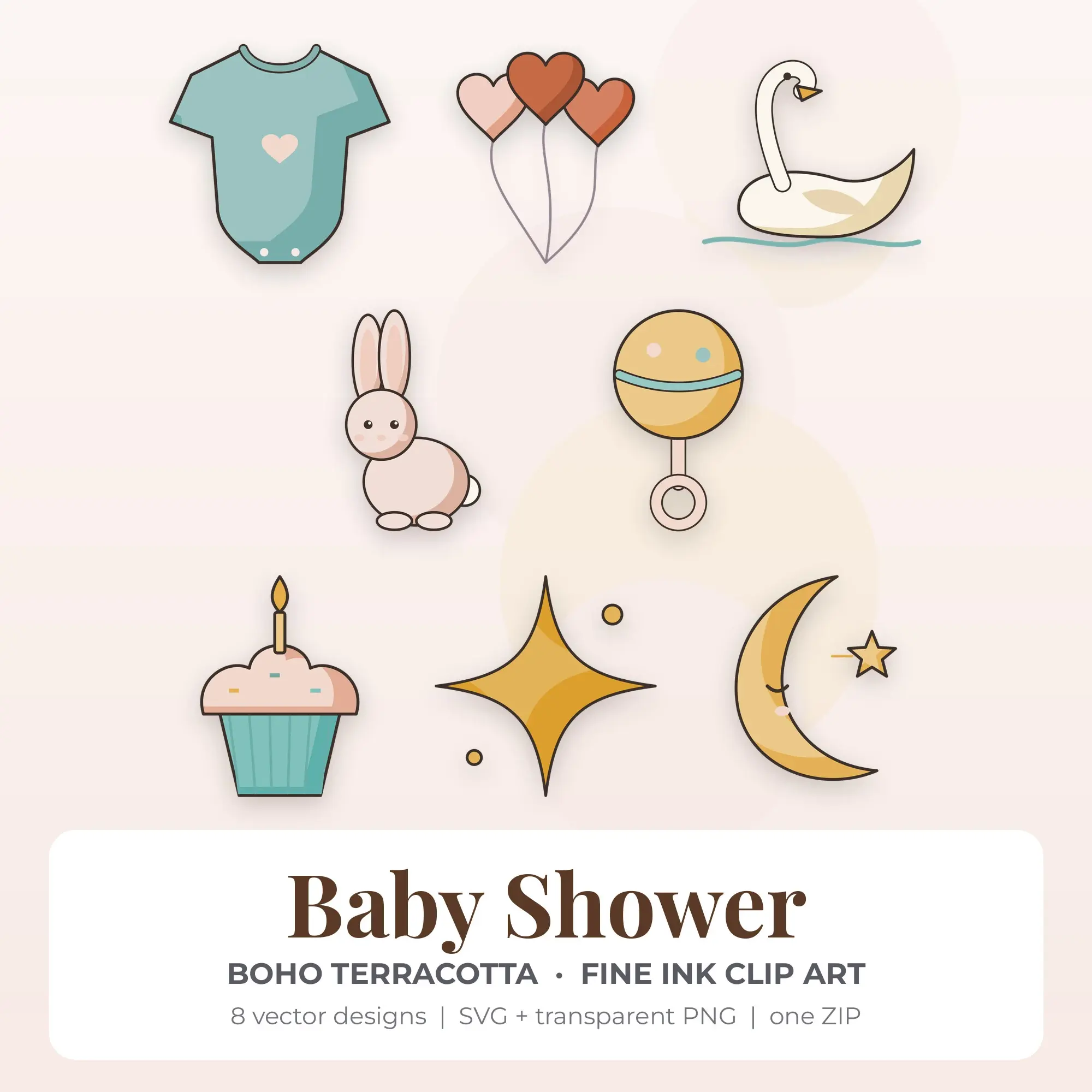 Baby Shower Clipart, Boho Terracotta Fine Ink - 8 SVG PNG preview