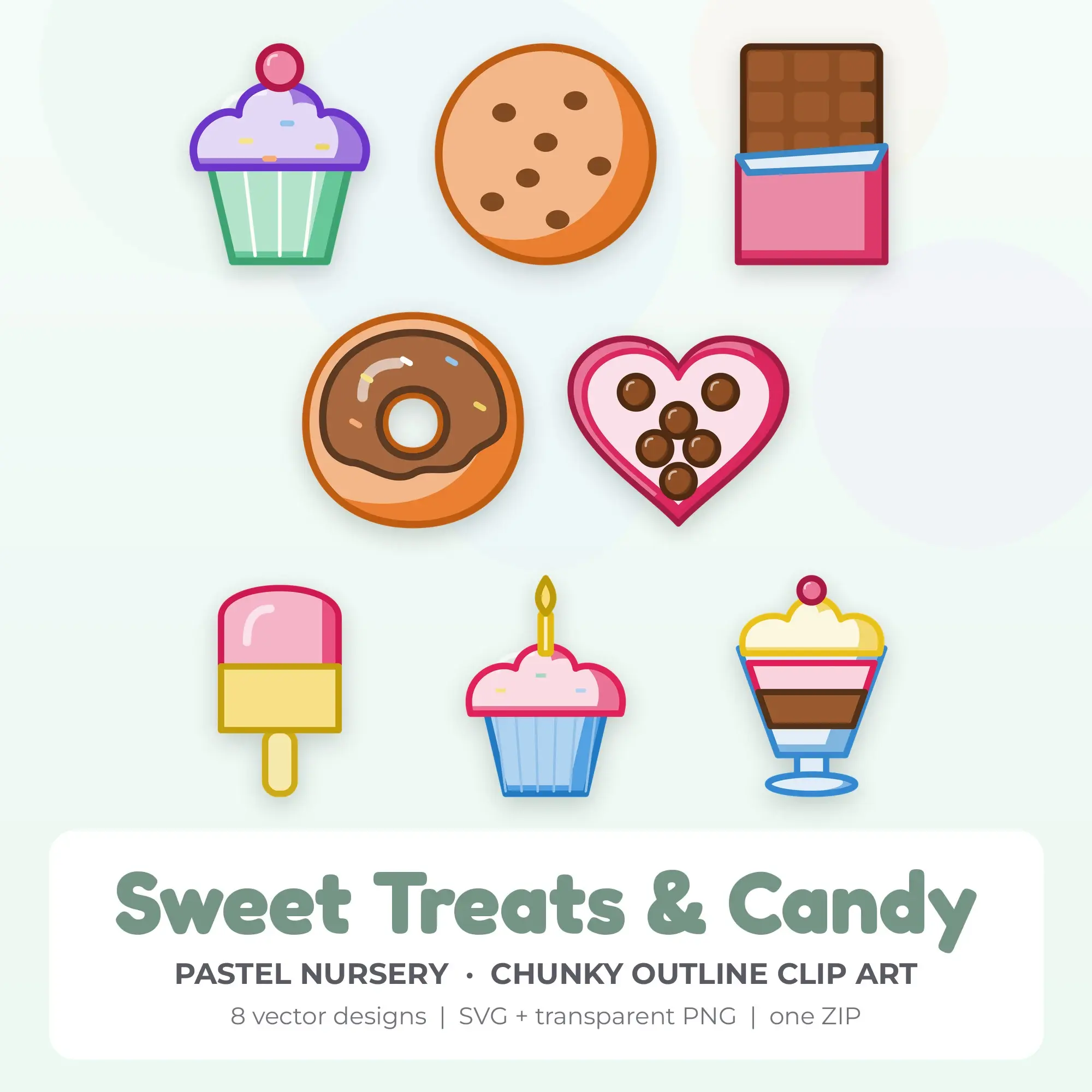 Sweet Treats & Candy Vector Clip Art in Pastel Nursery - 8 Designs, preview 1 of 2