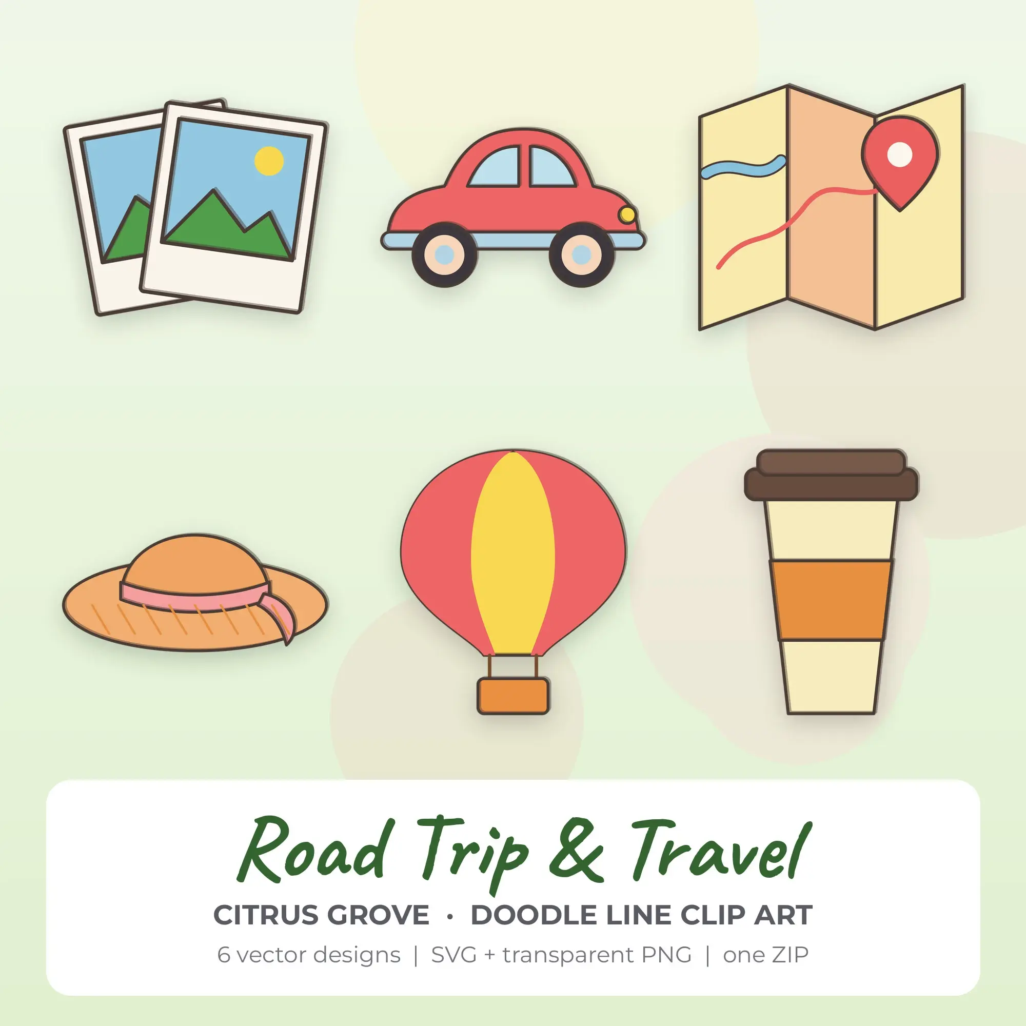 Road Trip & Travel SVG Clipart Pack, Doodle Line Style - 6 Designs preview
