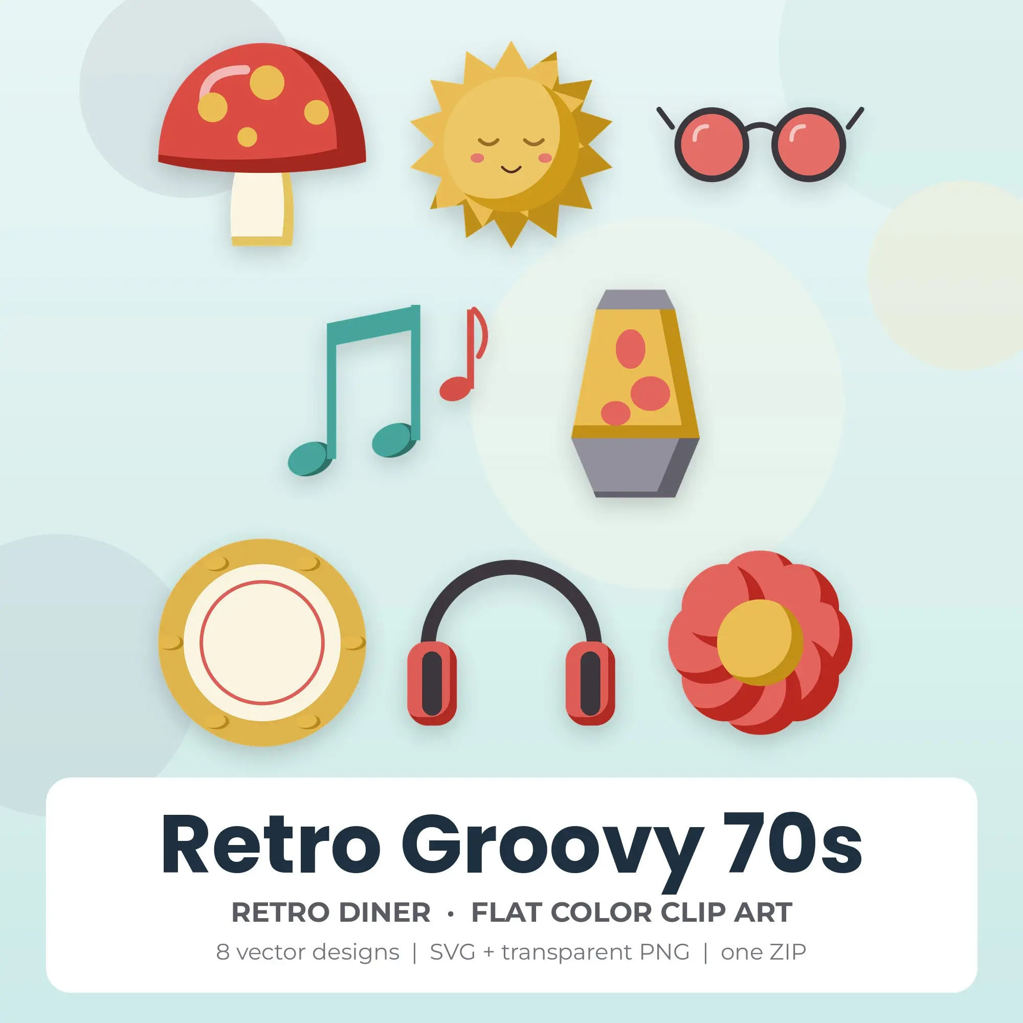 Retro Groovy 70s SVG Clipart Pack, Flat Color Style - 8 Designs preview