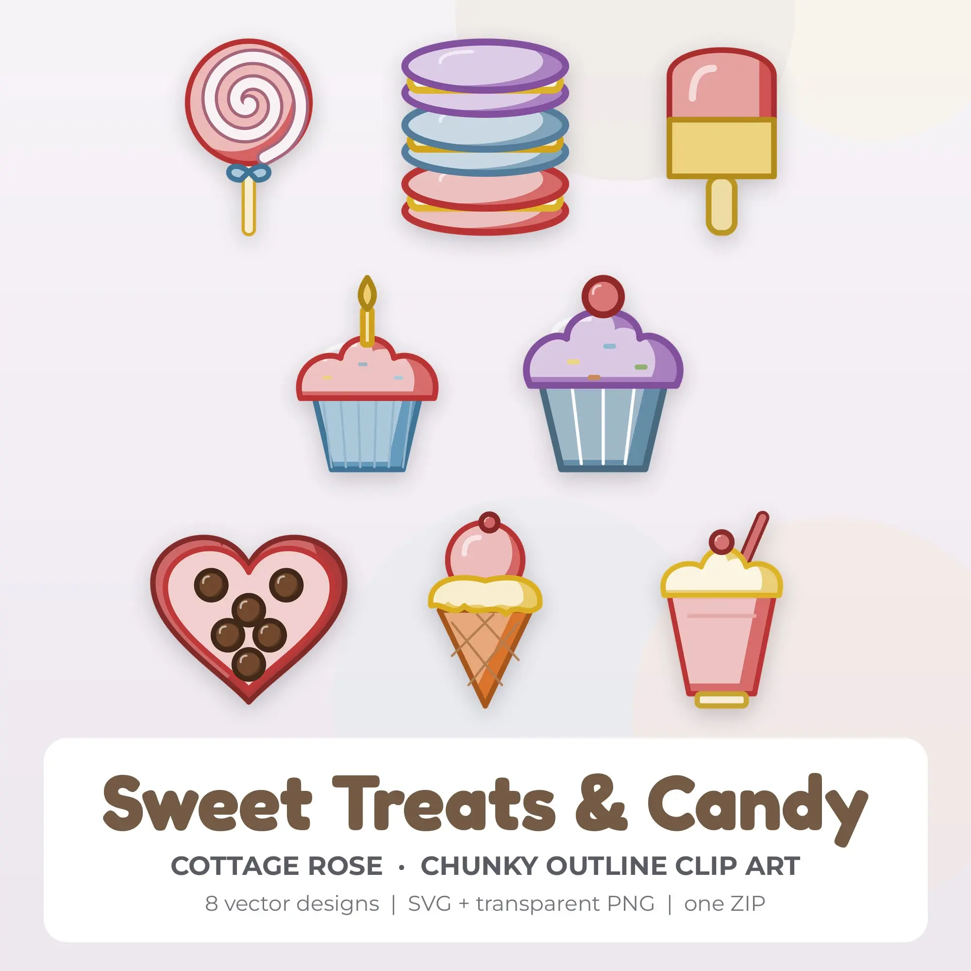 Sweet Treats & Candy Vector Clip Art in Cottage Rose - 8 Designs, preview 1 of 2
