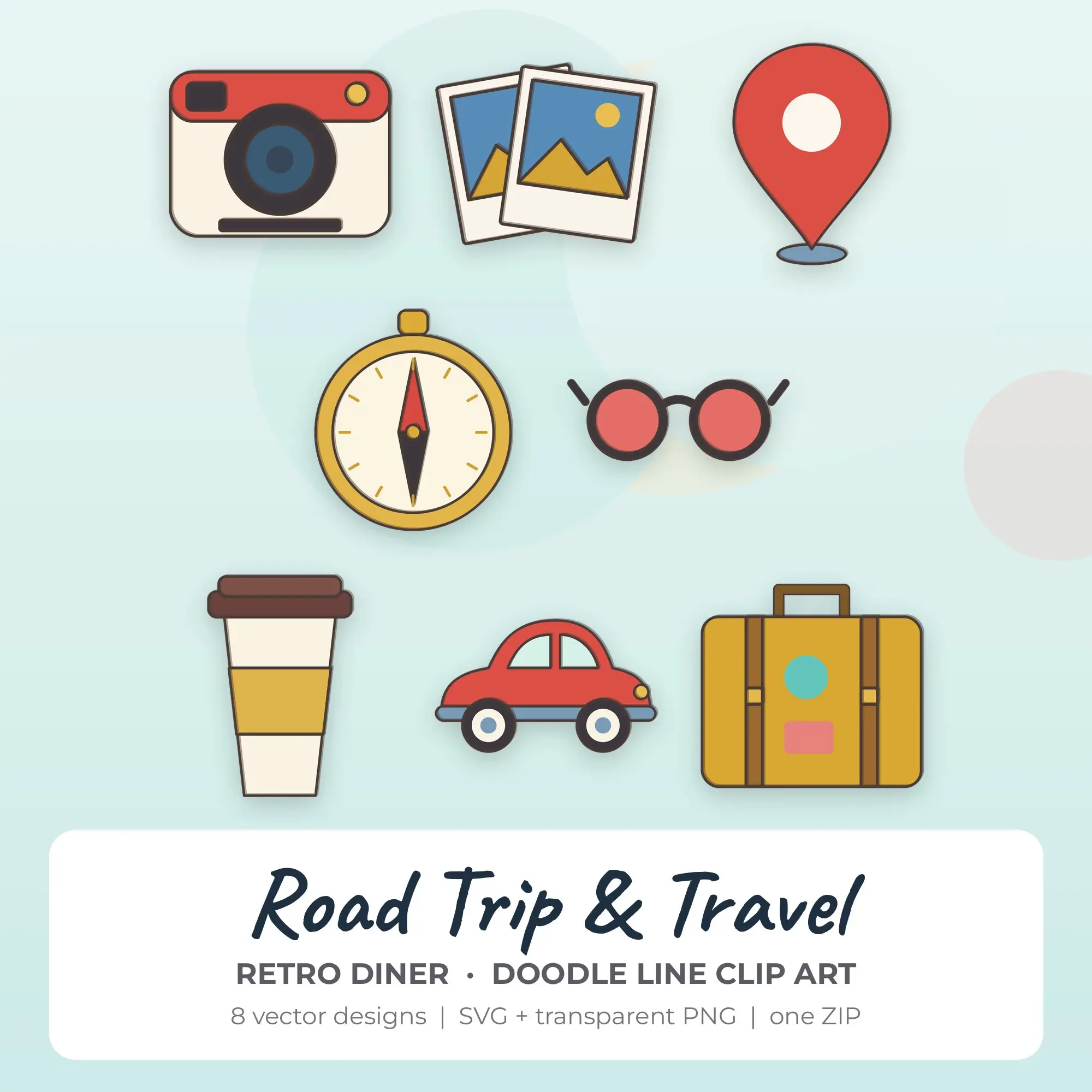 Retro Diner Doodle Line Road Trip & Travel Clipart - 8 Vector Files preview