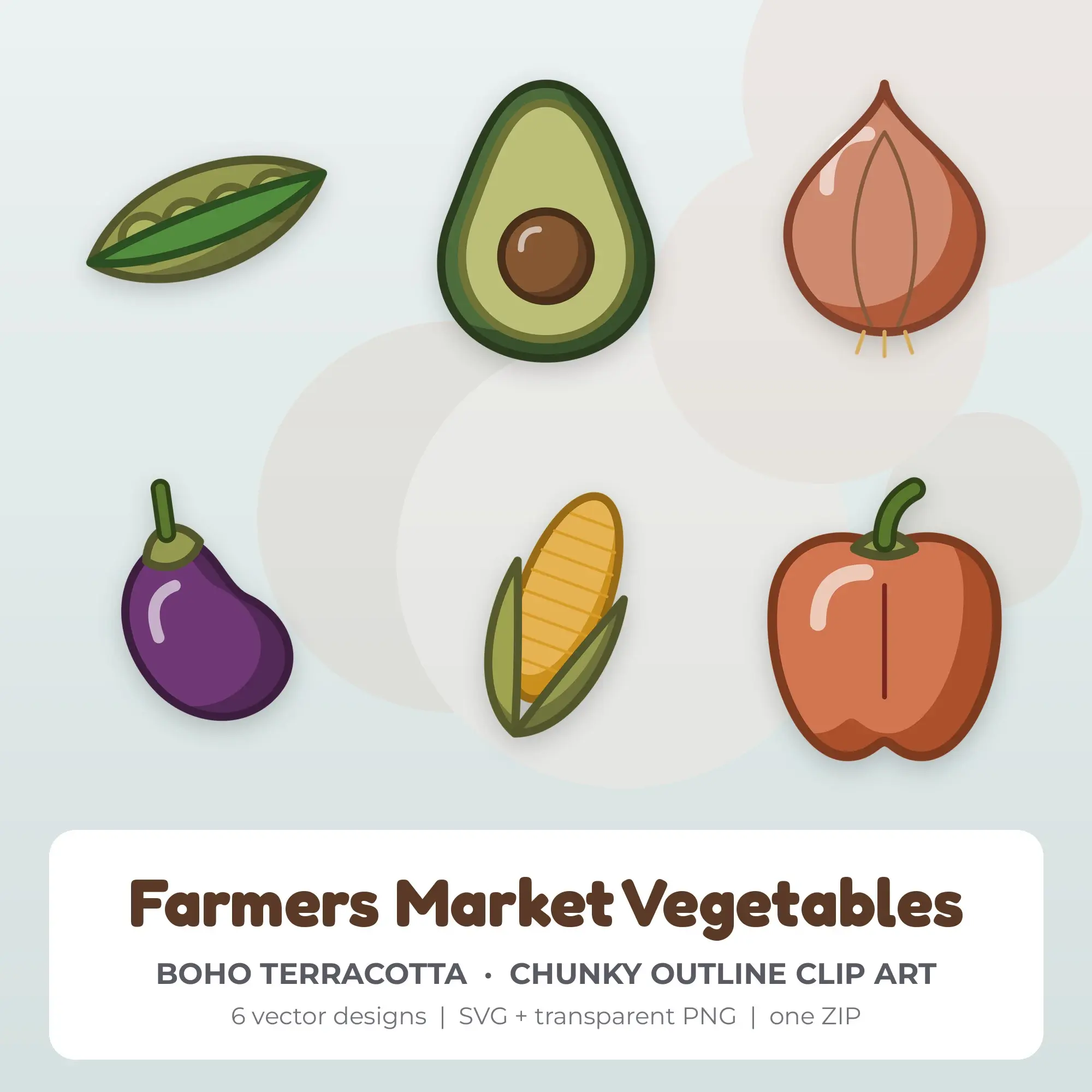 Chunky Outline Farmers Market Vegetables Clipart Set - 6 SVG PNG preview