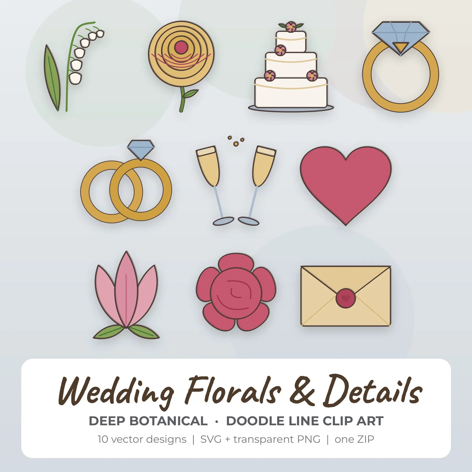 Doodle Line Wedding Florals & Details Clipart Set - 10 SVG PNG preview