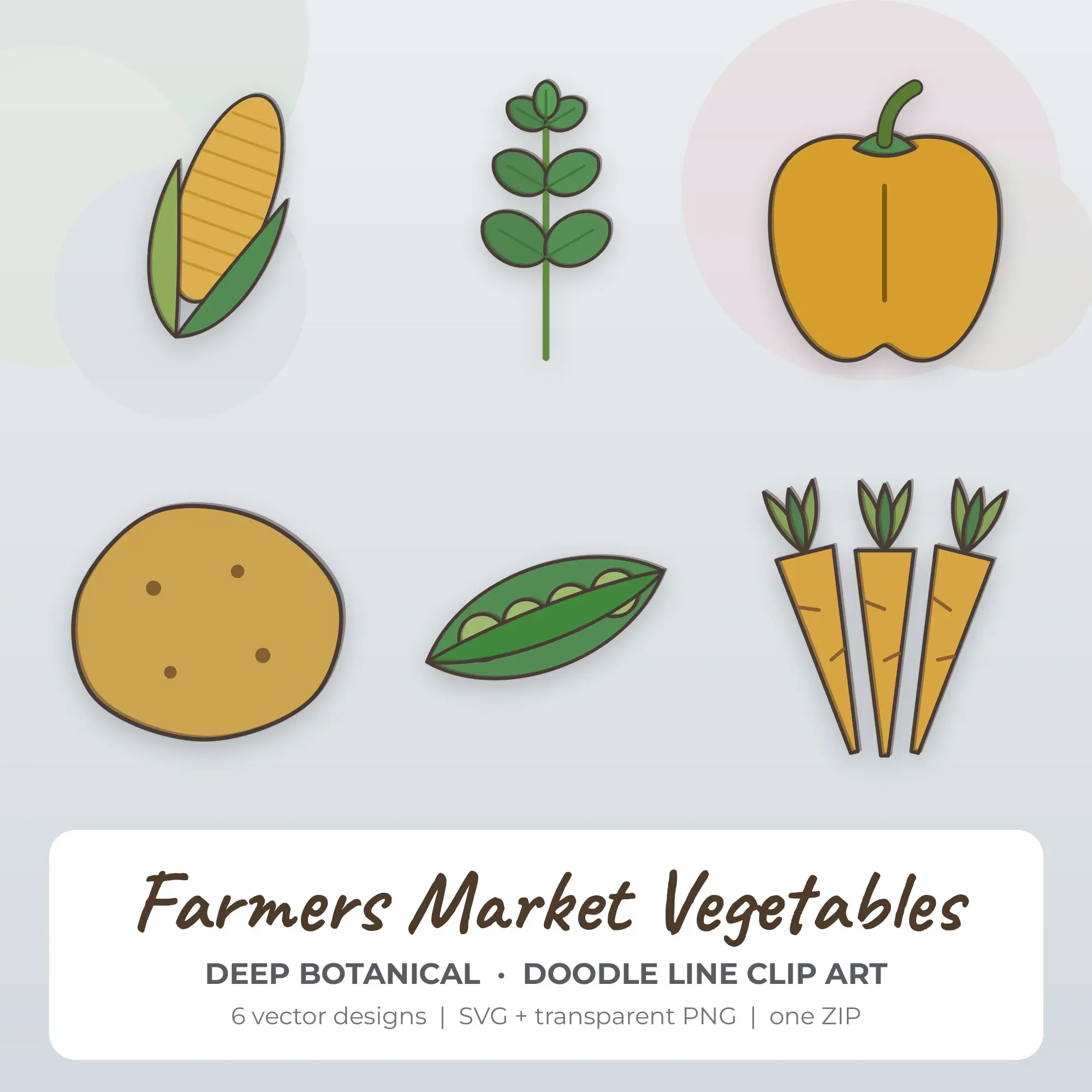 Doodle Line Farmers Market Vegetables Clipart Set - 6 SVG PNG preview