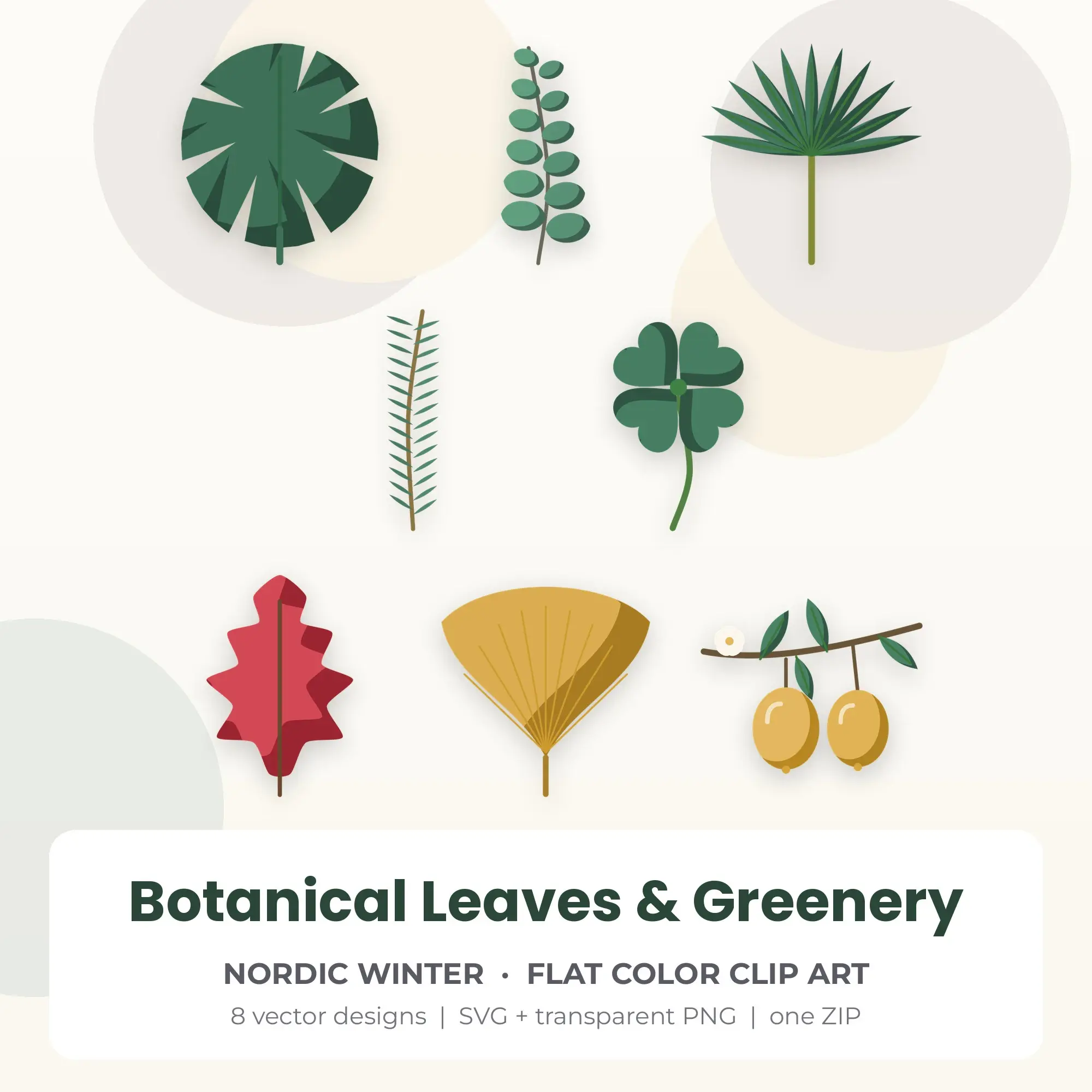 Flat Color Botanical Leaves & Greenery Clipart Set - 8 SVG PNG preview