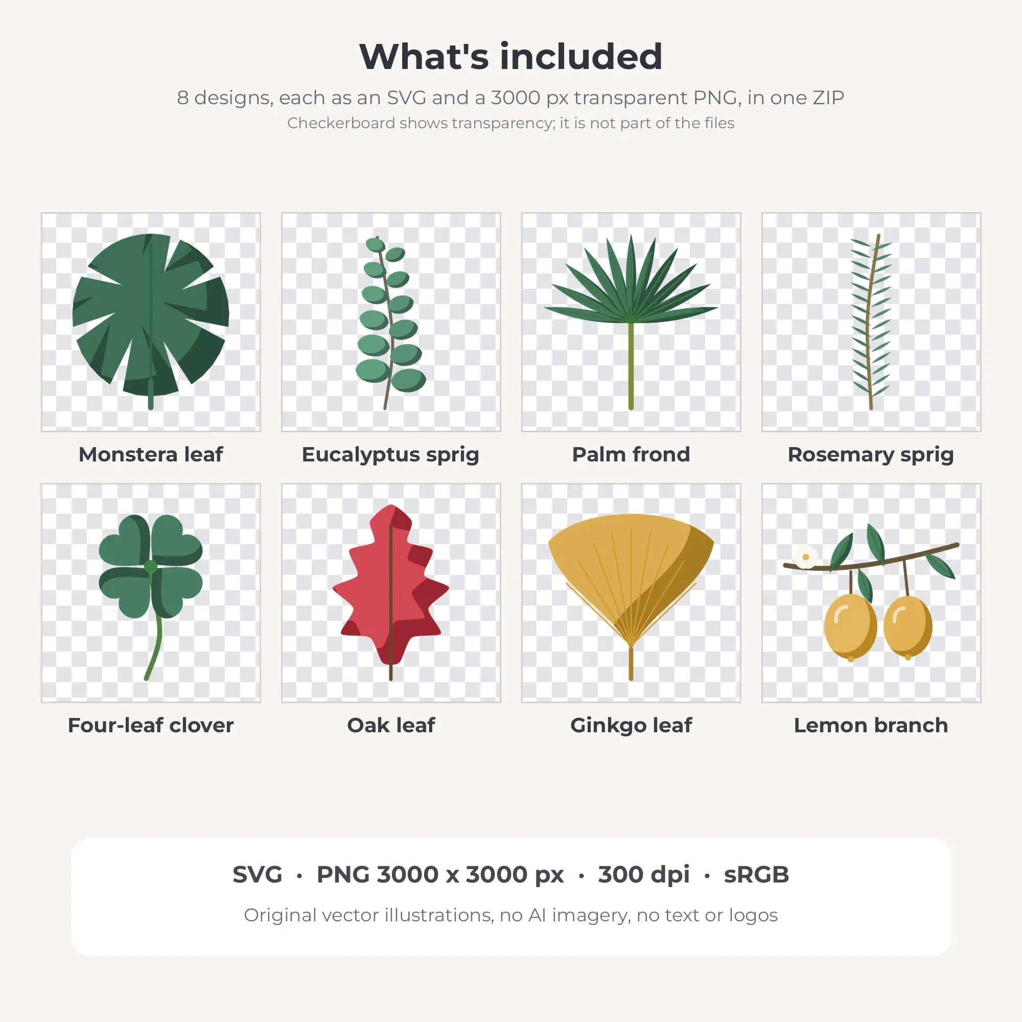 Flat Color Botanical Leaves & Greenery Clipart Set - 8 SVG PNG, preview 2 of 2