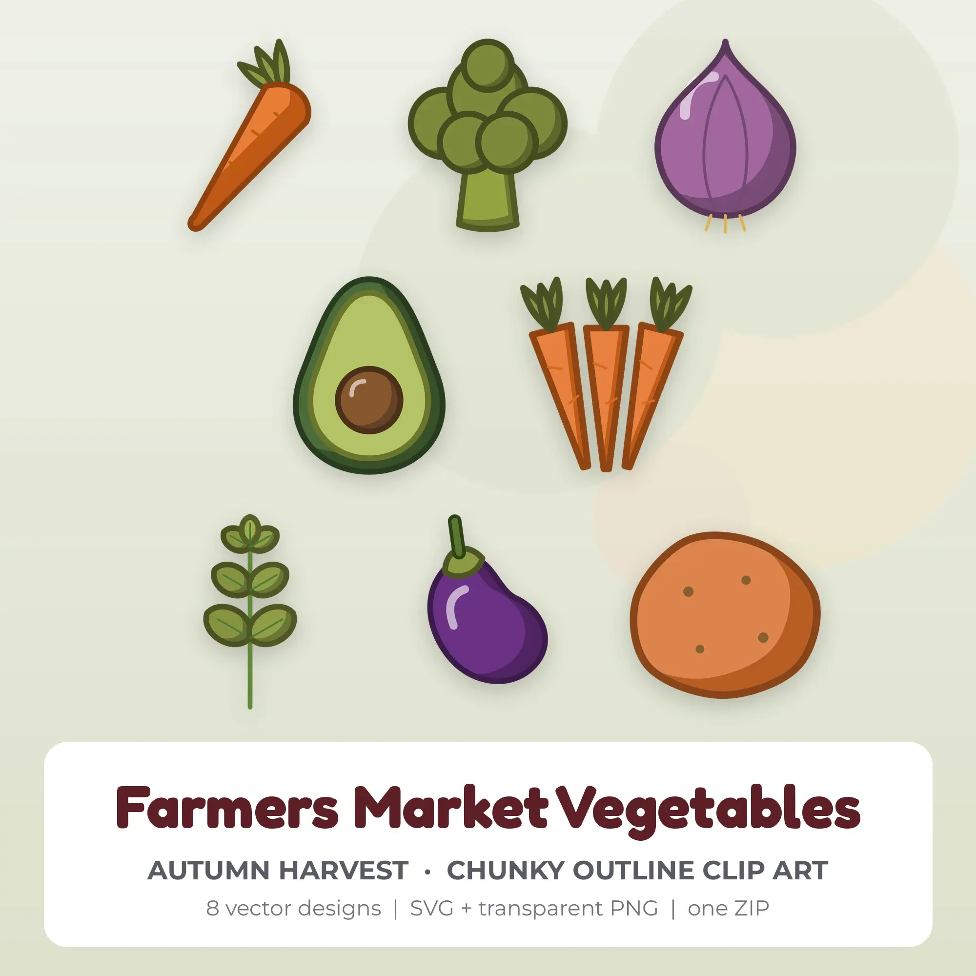 Chunky Outline Farmers Market Vegetables Clipart Set - 8 SVG PNG preview