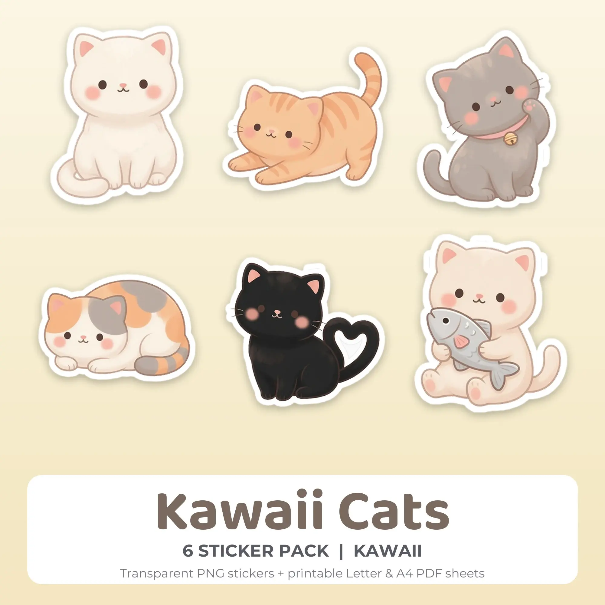 Kawaii Cats Sticker Pack - 6 Printable Stickers preview