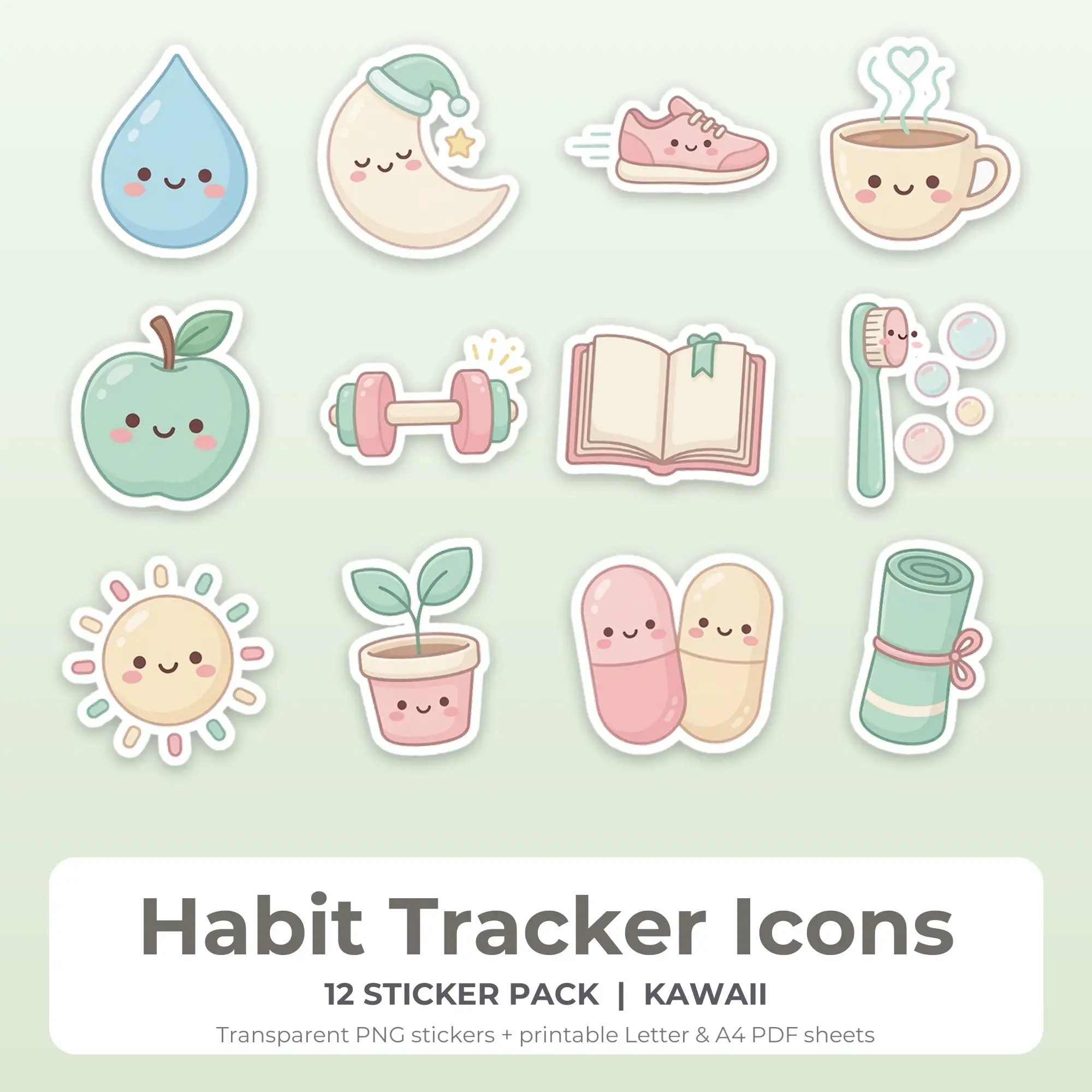 Printable Habit Tracker Icons Sticker Pack, Kawaii Style - 12 PNG preview