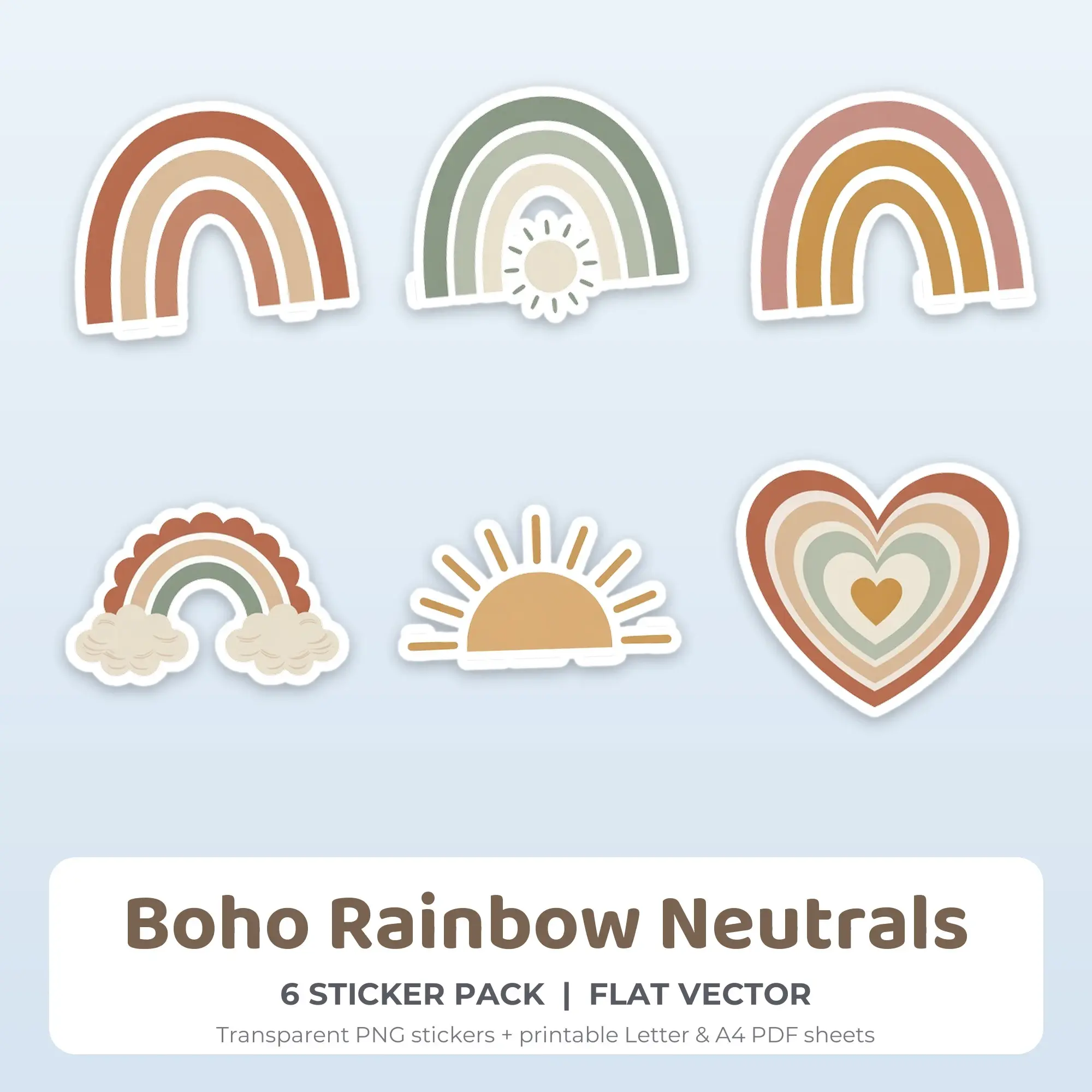 Flat Vector Boho Rainbow Neutrals Sticker Set - 6 Printable PNG preview