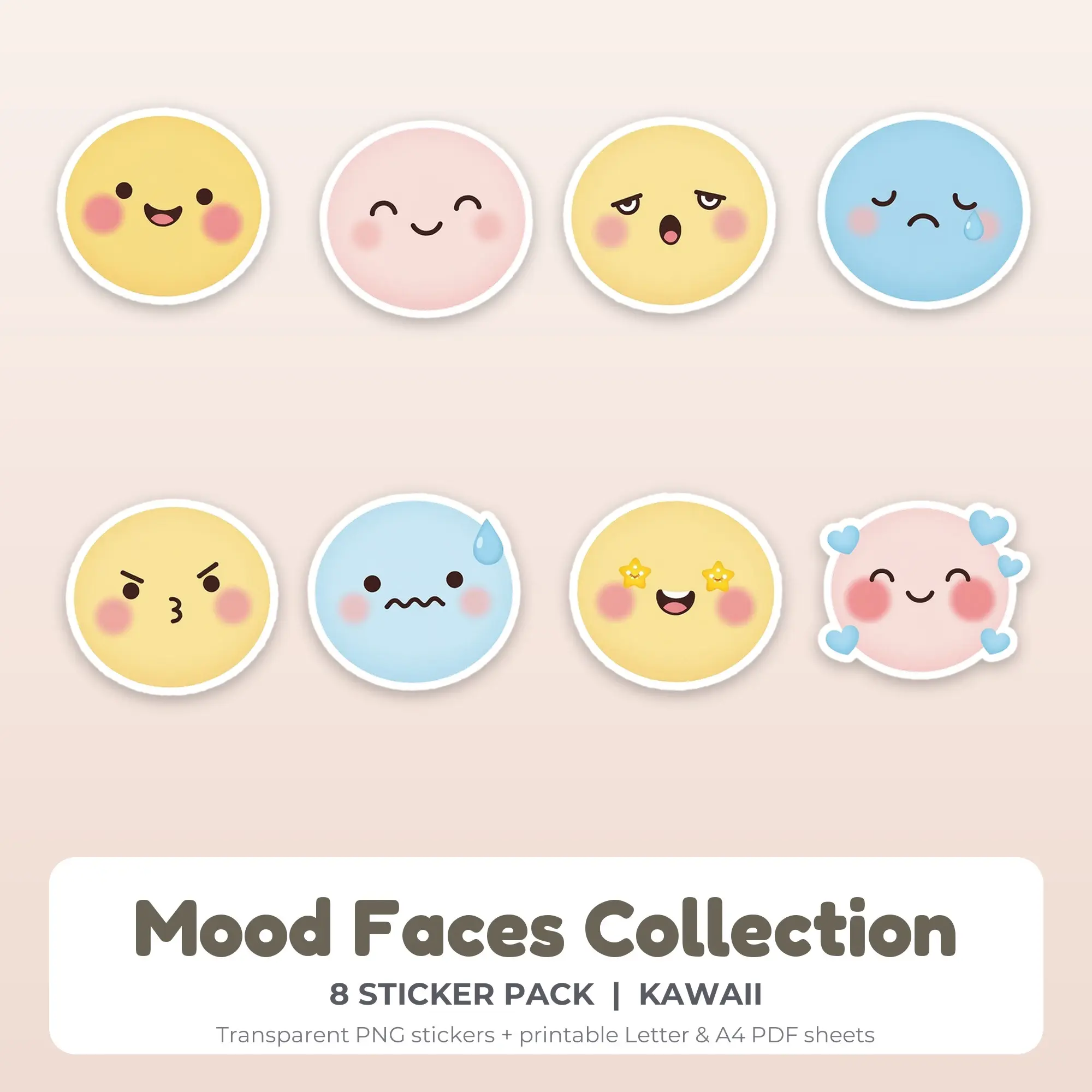 Mood Faces Collection Stickers, 8 PNG + Printable PDF Sheet preview