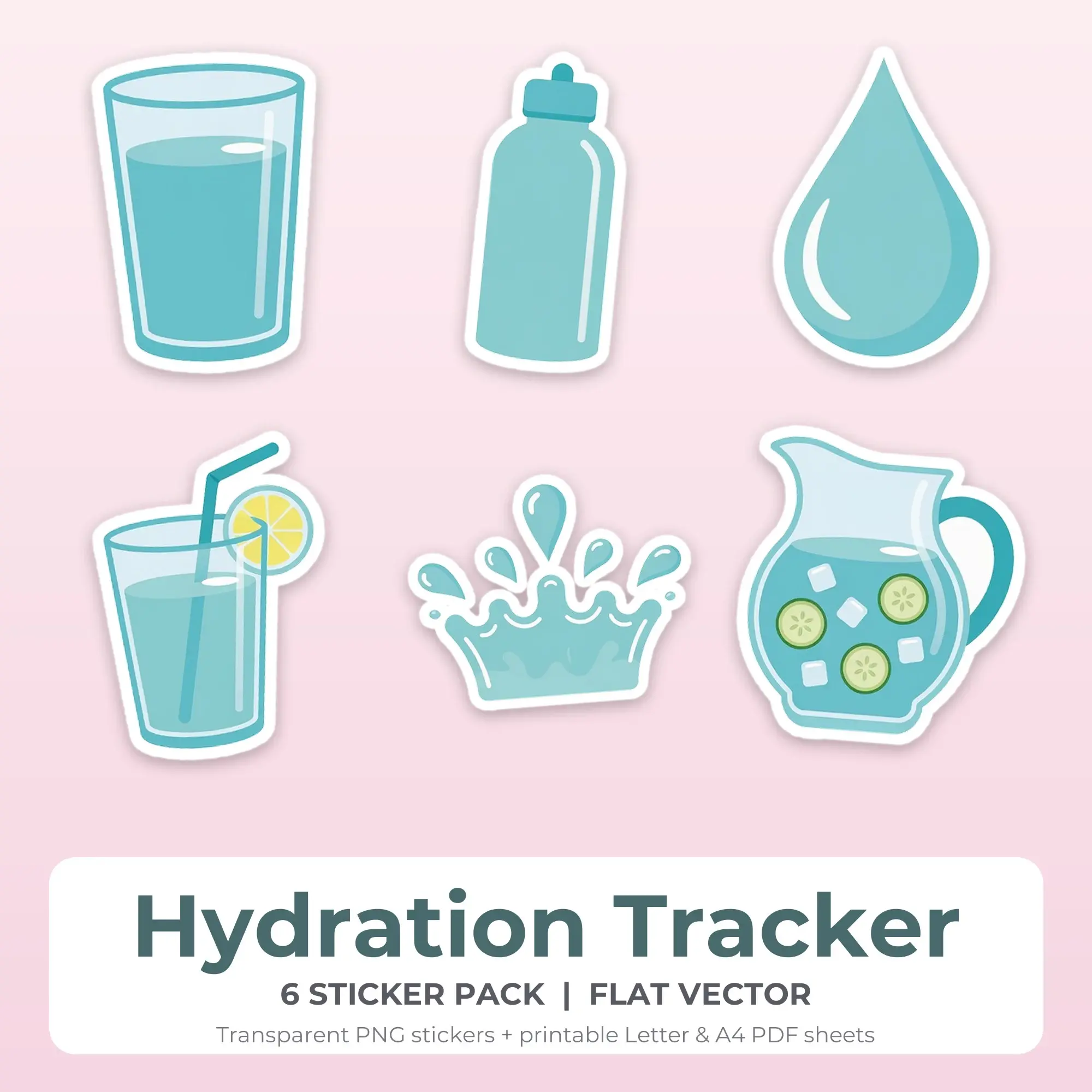 Flat Vector Hydration Tracker Sticker Set - 6 Printable PNG preview