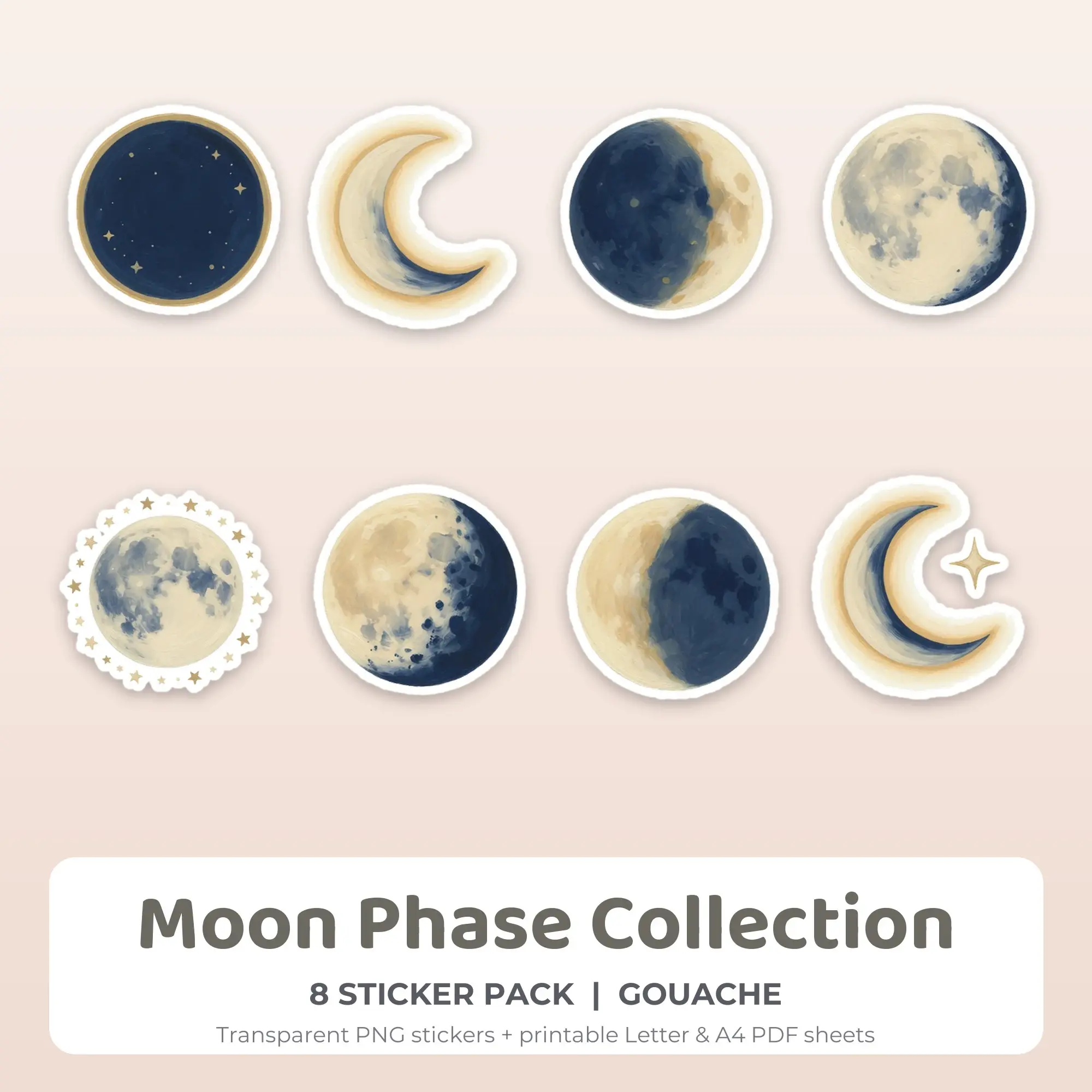 Moon Phase Collection Stickers, 8 PNG + Printable PDF Sheet preview