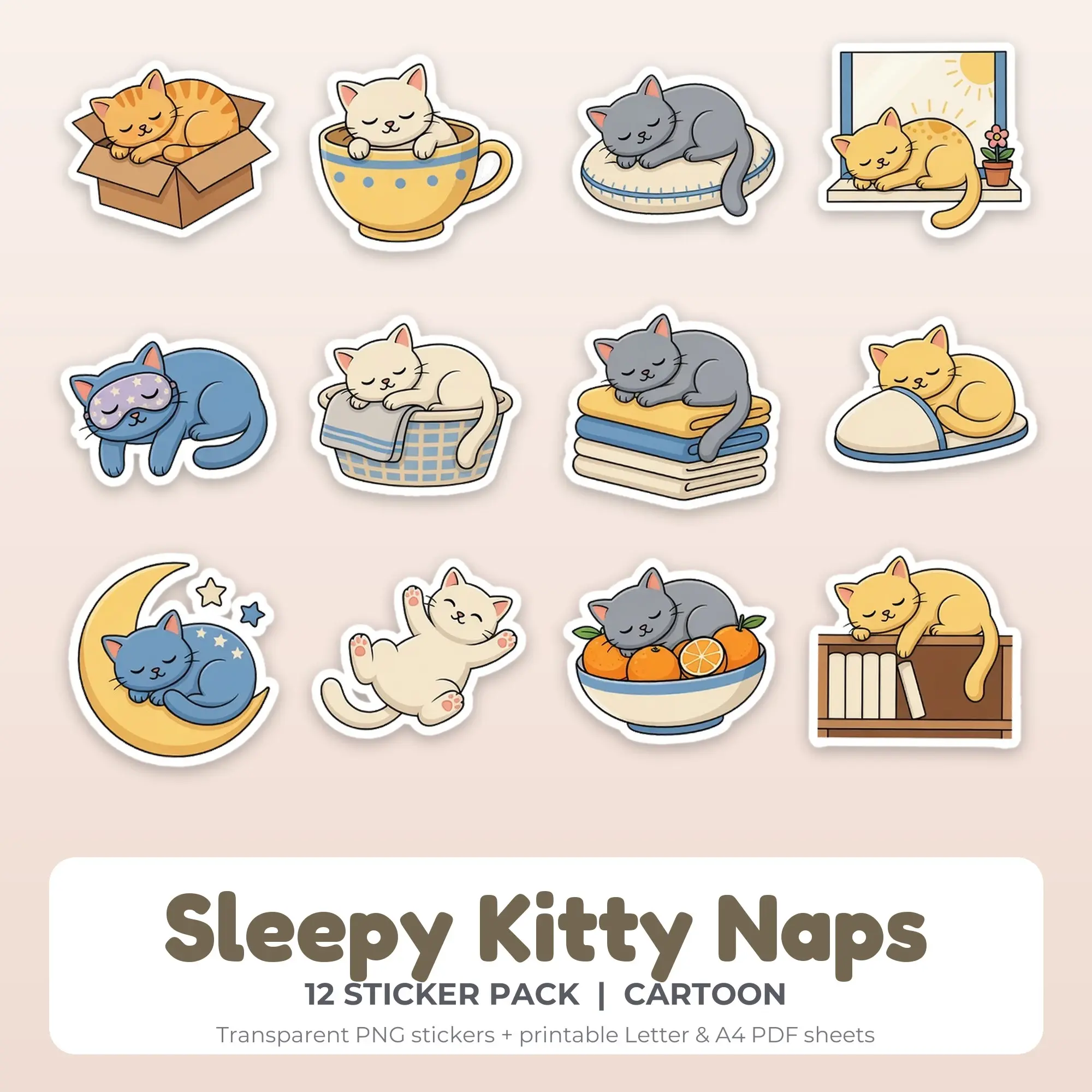 Sleepy Kitty Naps Printable Stickers - 12 Die-Cut PNG + PDF preview