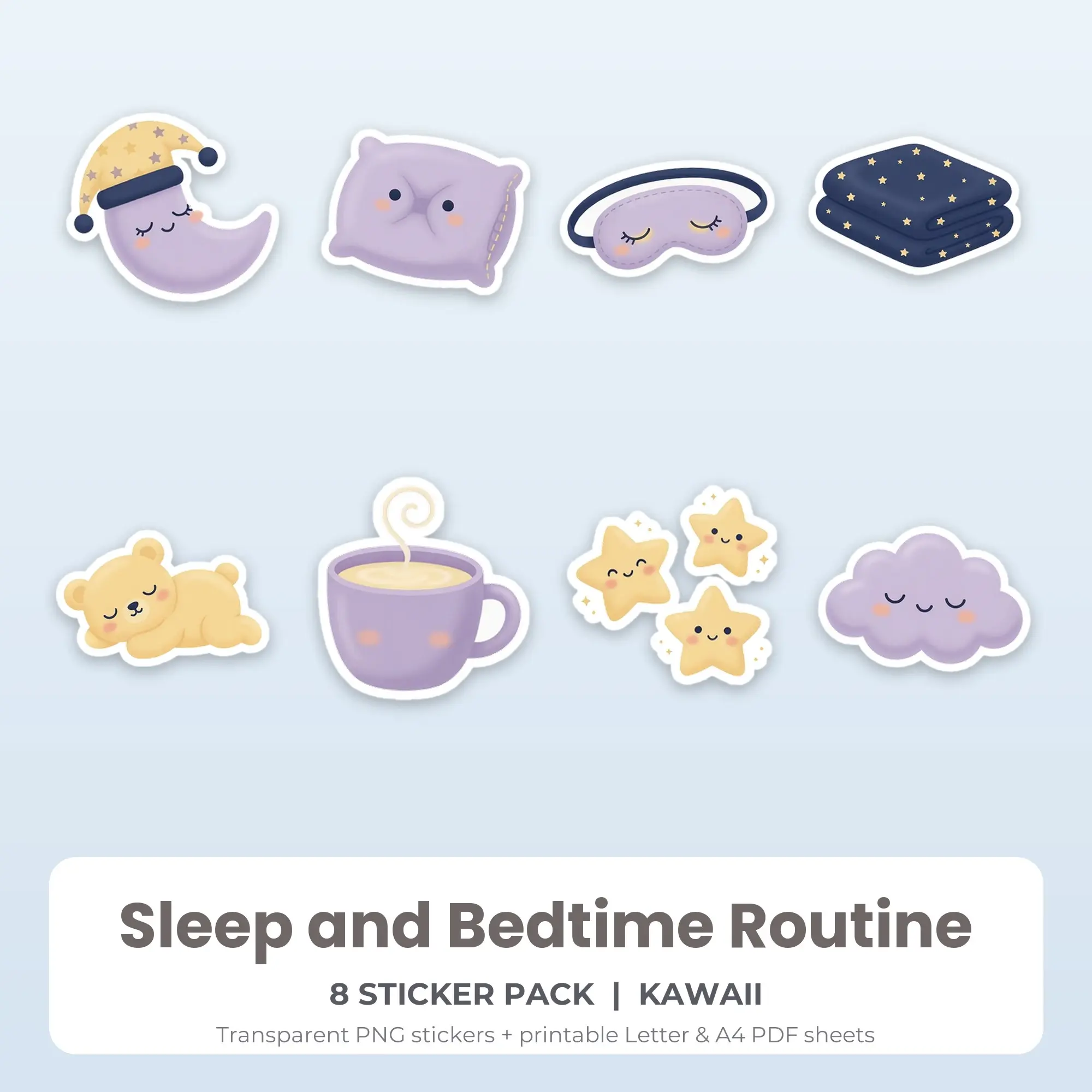 Kawaii Sleep and Bedtime Routine Sticker Set - 8 Printable PNG preview