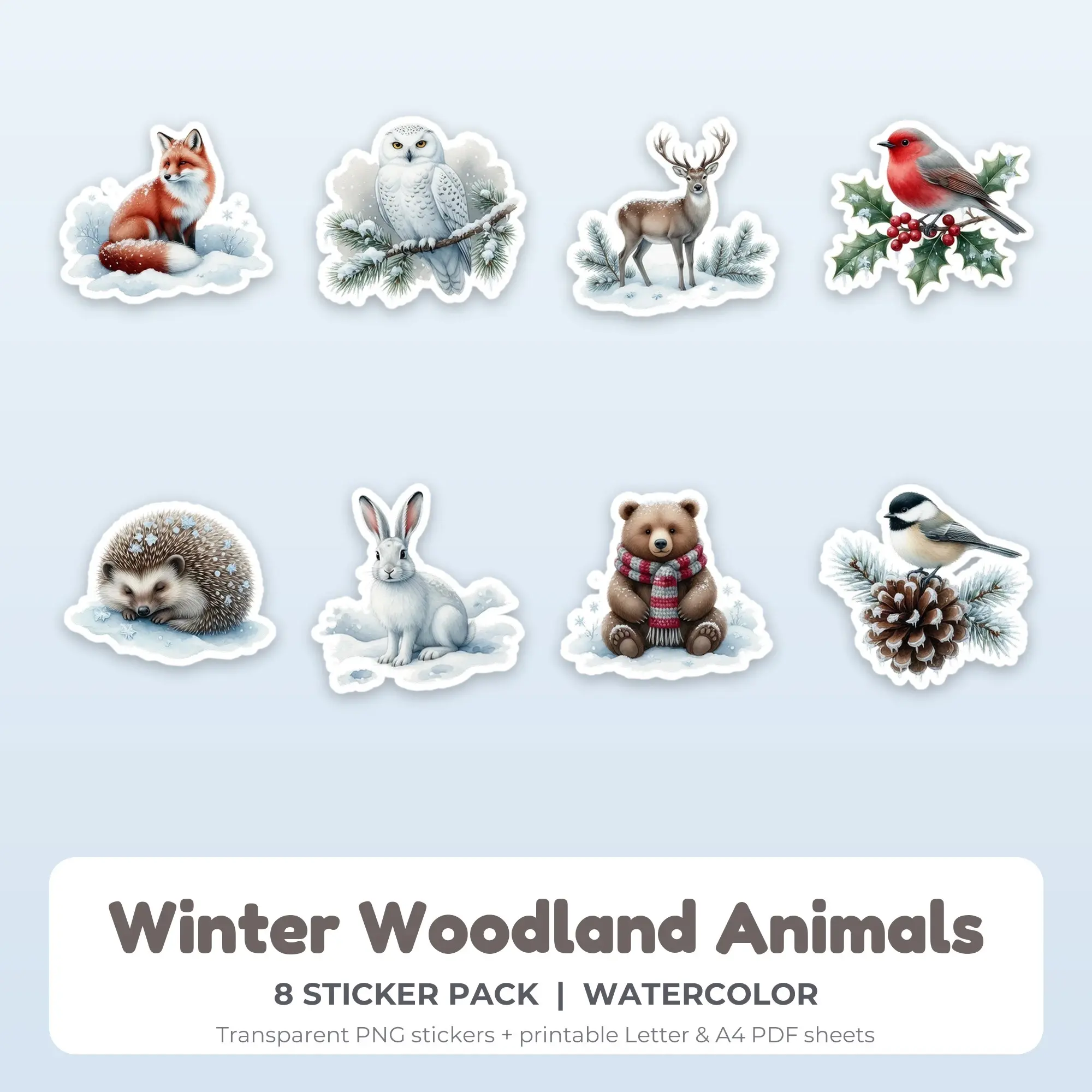 Winter Woodland Animals Stickers, 8 PNG + Printable PDF Sheet preview