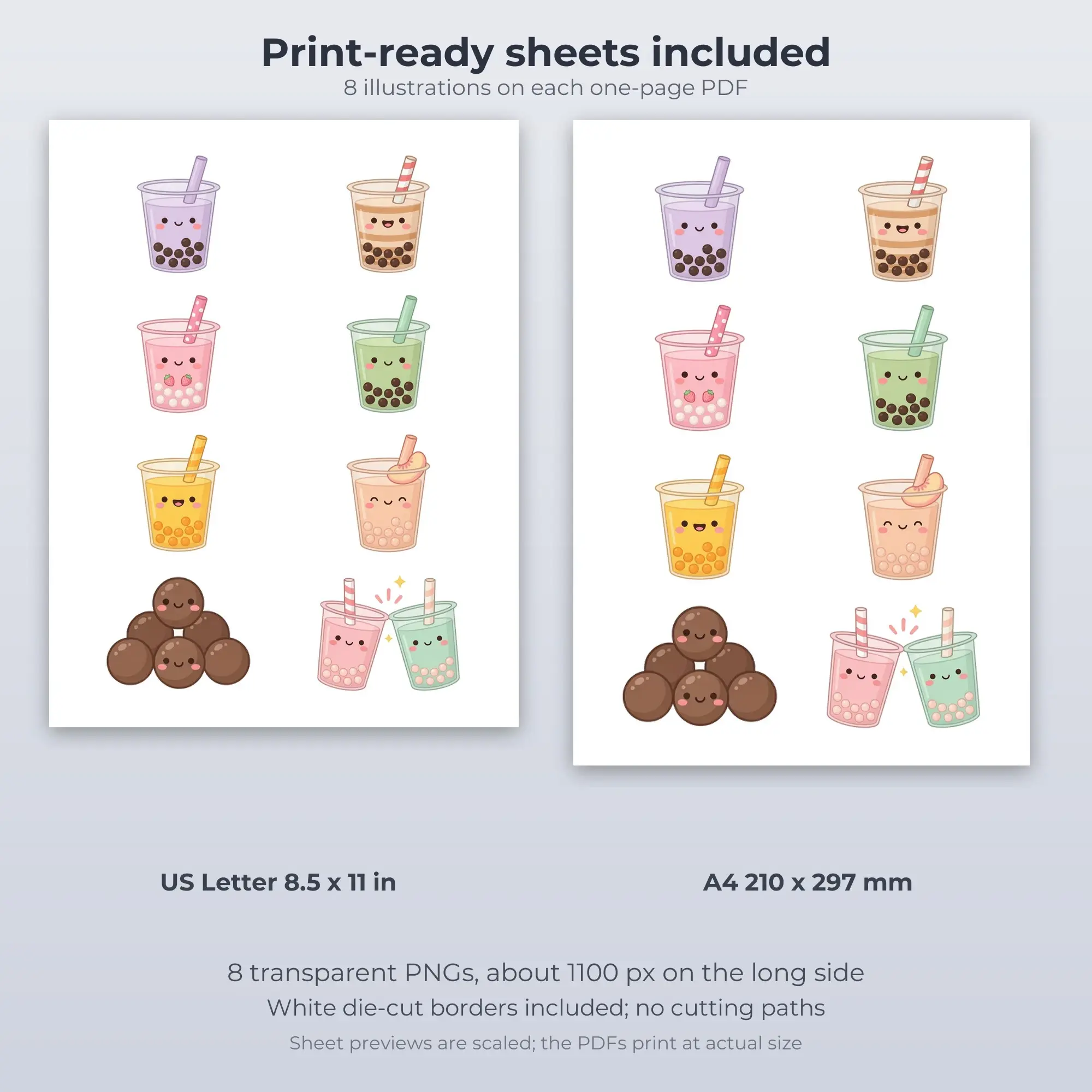 Kawaii Boba Tea Pals Printable Stickers - 8 Die-Cut PNG + PDF, preview 2 of 2