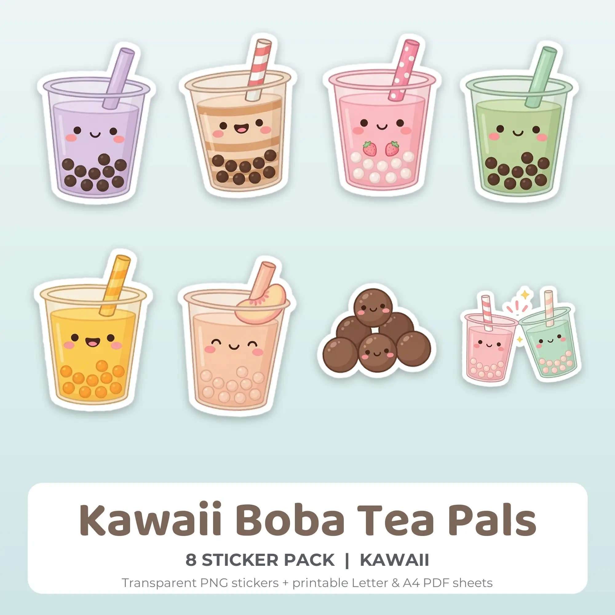 Kawaii Boba Tea Pals Printable Stickers - 8 Die-Cut PNG + PDF preview