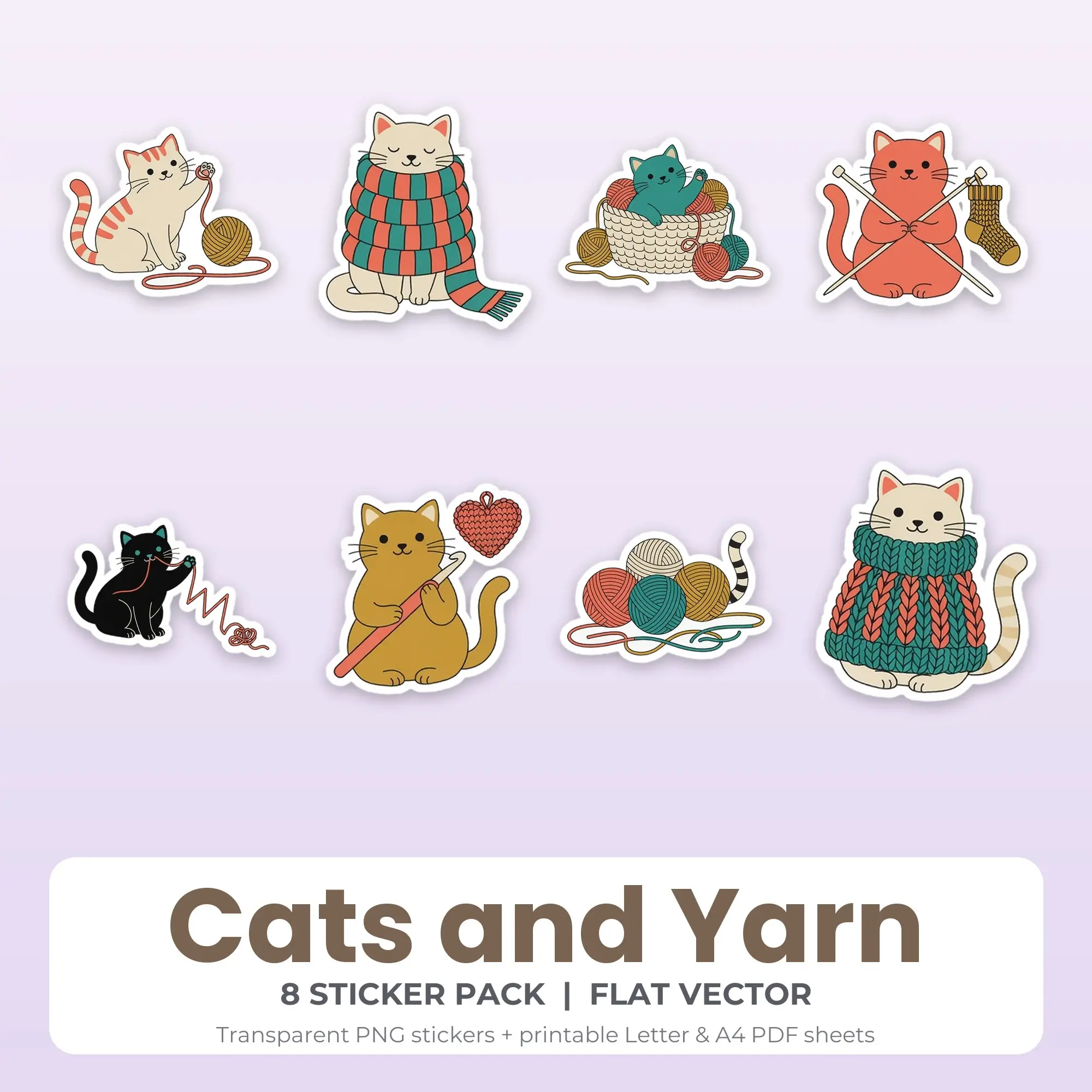 Cats and Yarn Stickers, 8 PNG + Printable PDF Sheet preview