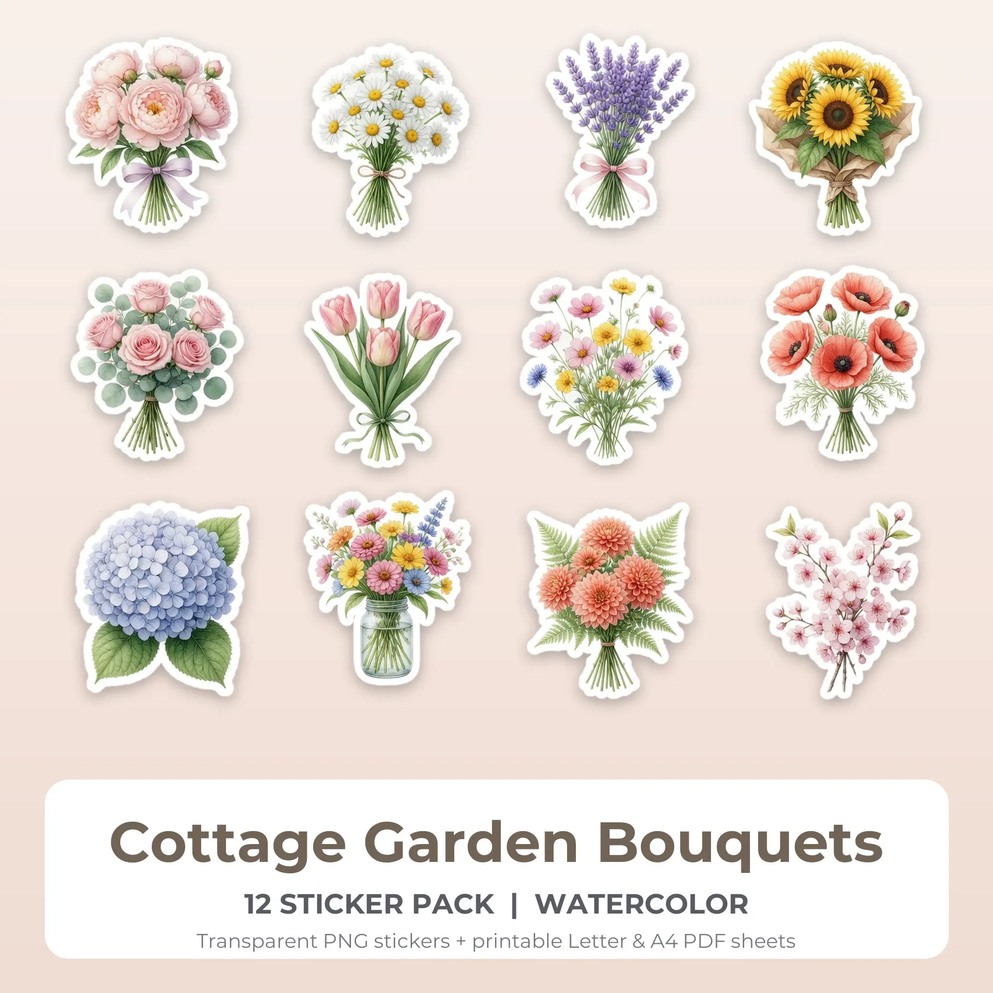 12 Cottage Garden Bouquets Stickers - Printable Sticker Sheet PDF preview
