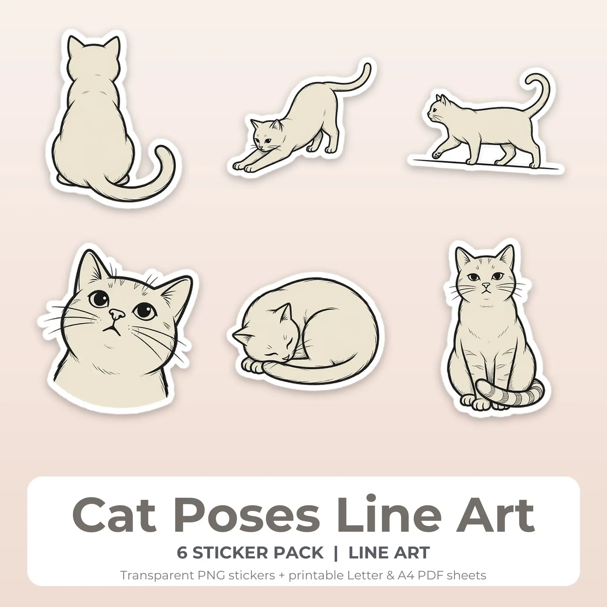 Cat Poses Line Art Sticker Set - 6 Printable PNG preview