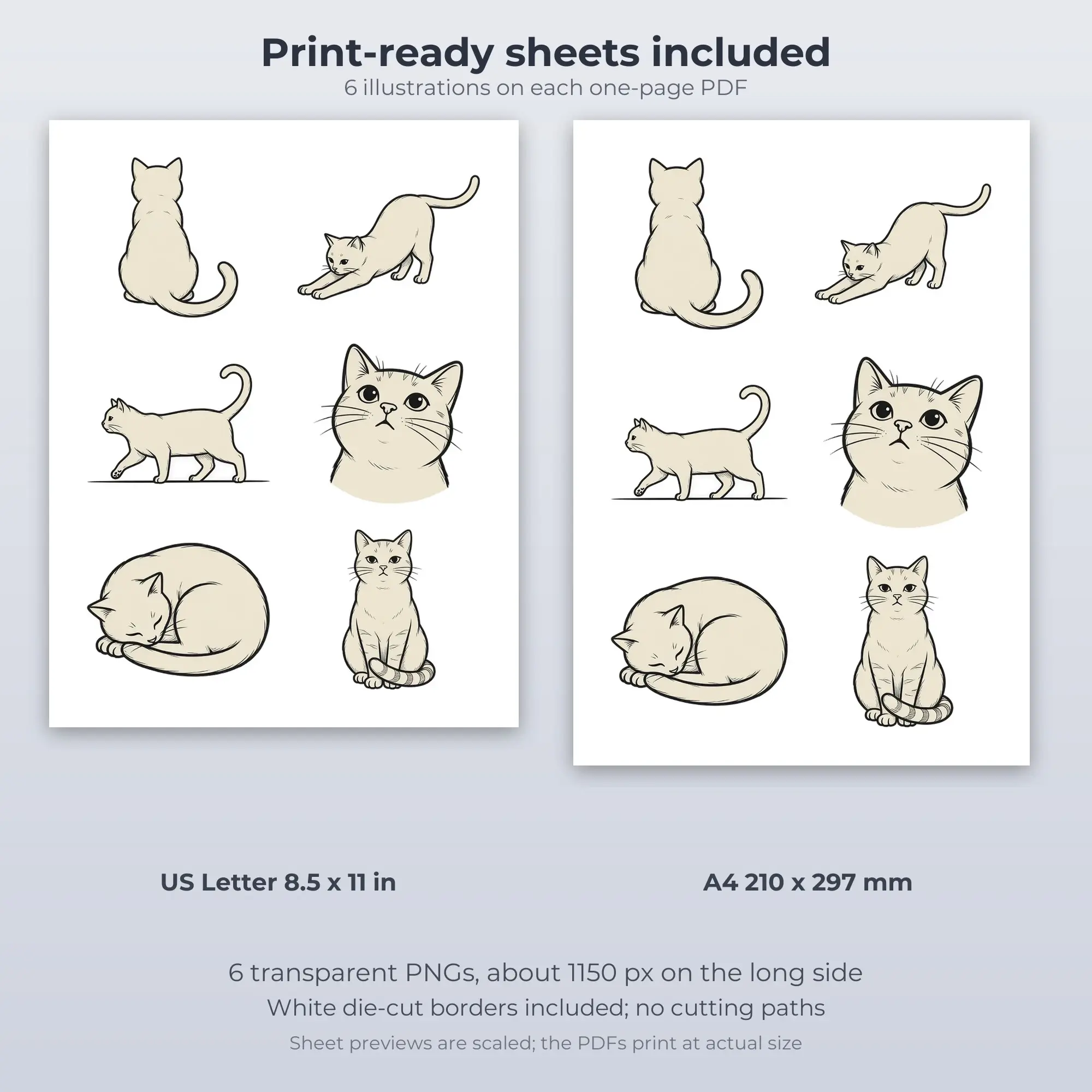 Cat Poses Line Art Sticker Set - 6 Printable PNG, preview 2 of 2