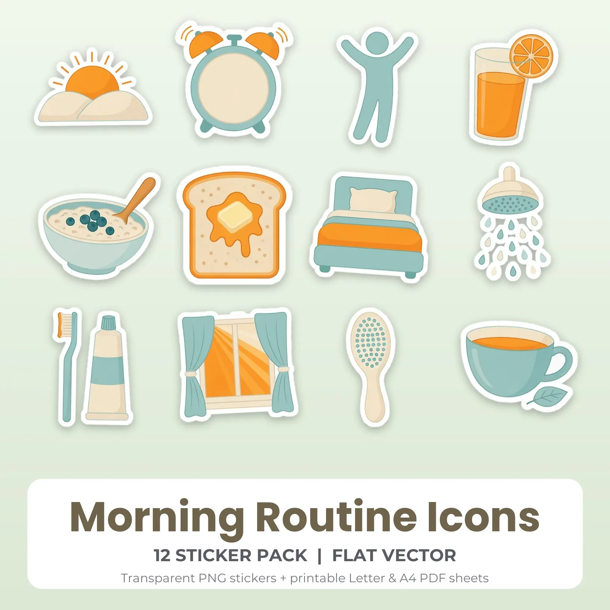 12 Morning Routine Icons Stickers - Printable Sticker Sheet PDF preview