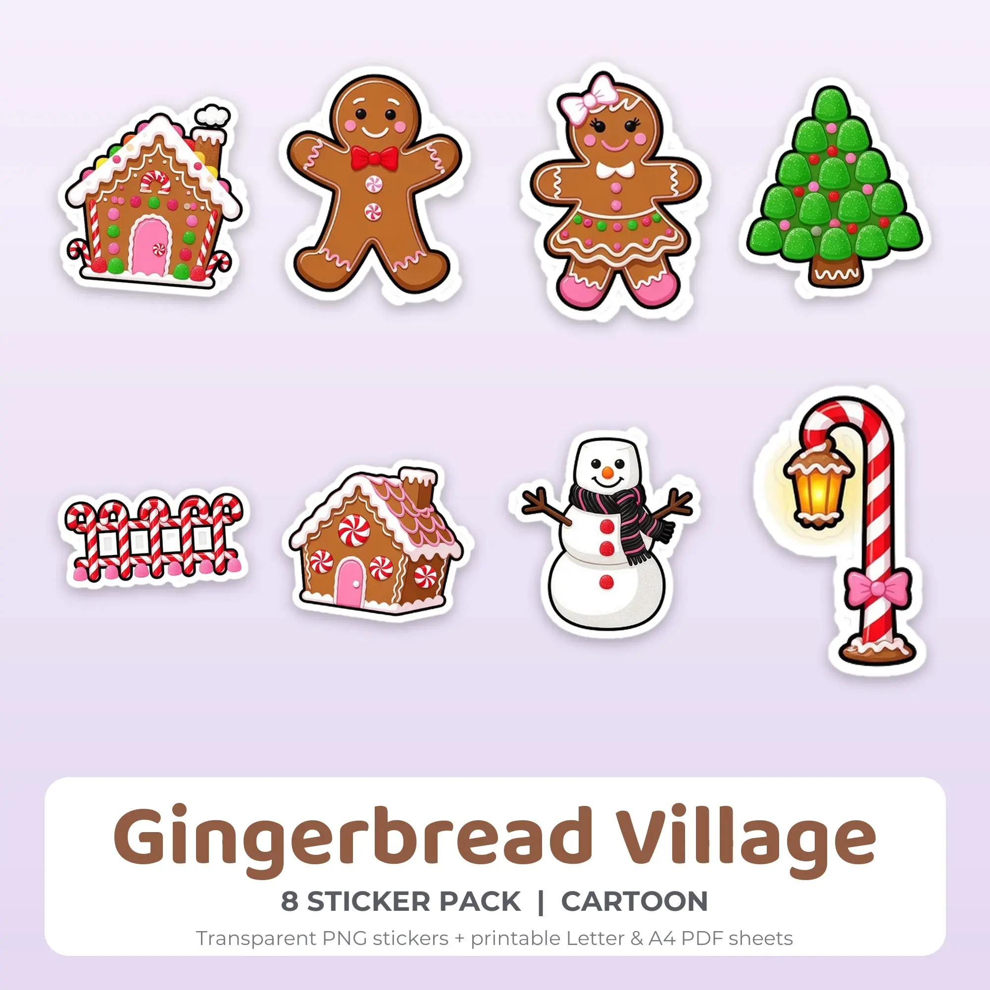 Gingerbread Village Printable Stickers - 8 Die-Cut PNG + PDF preview