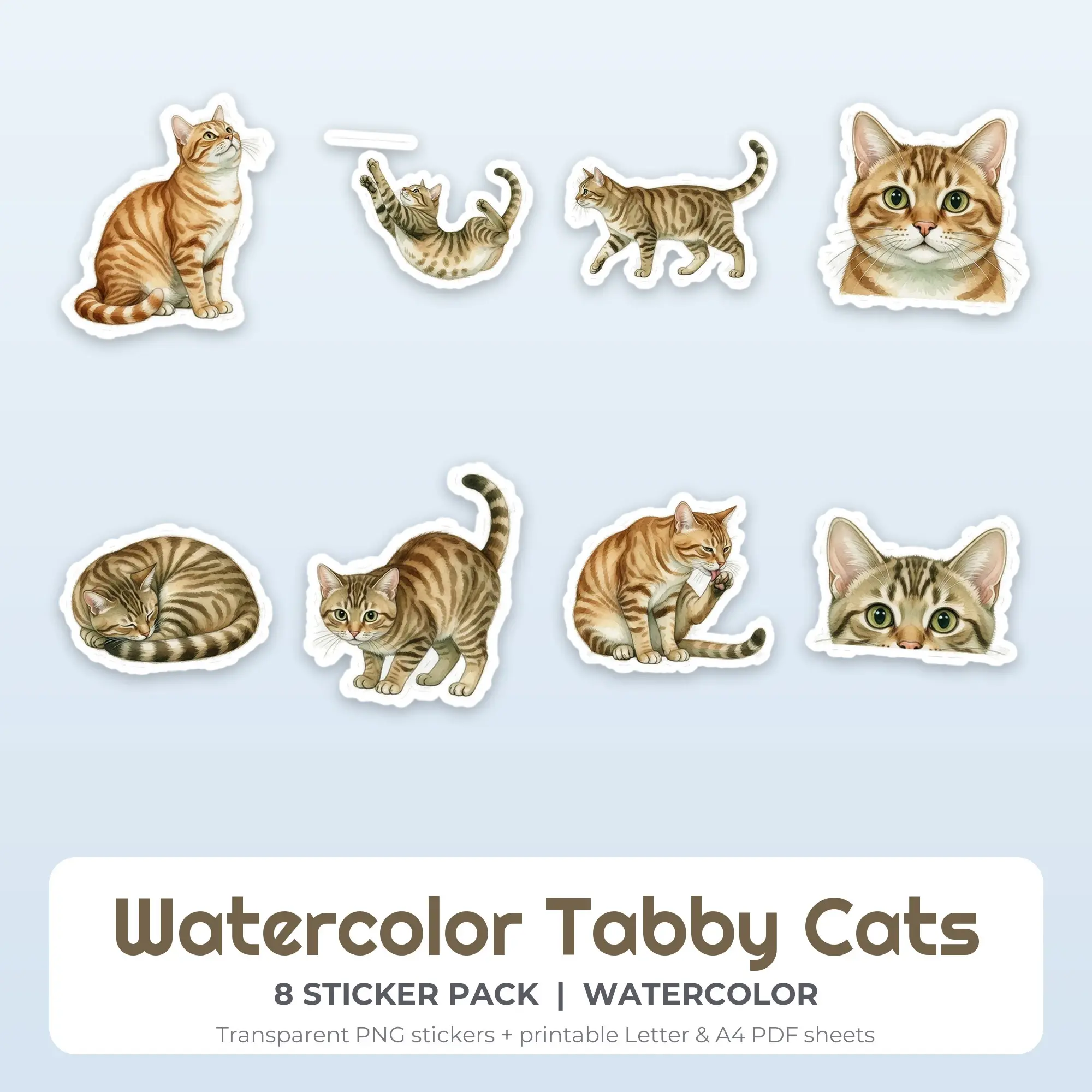 8 Watercolor Tabby Cats Stickers - Printable Sticker Sheet PDF preview