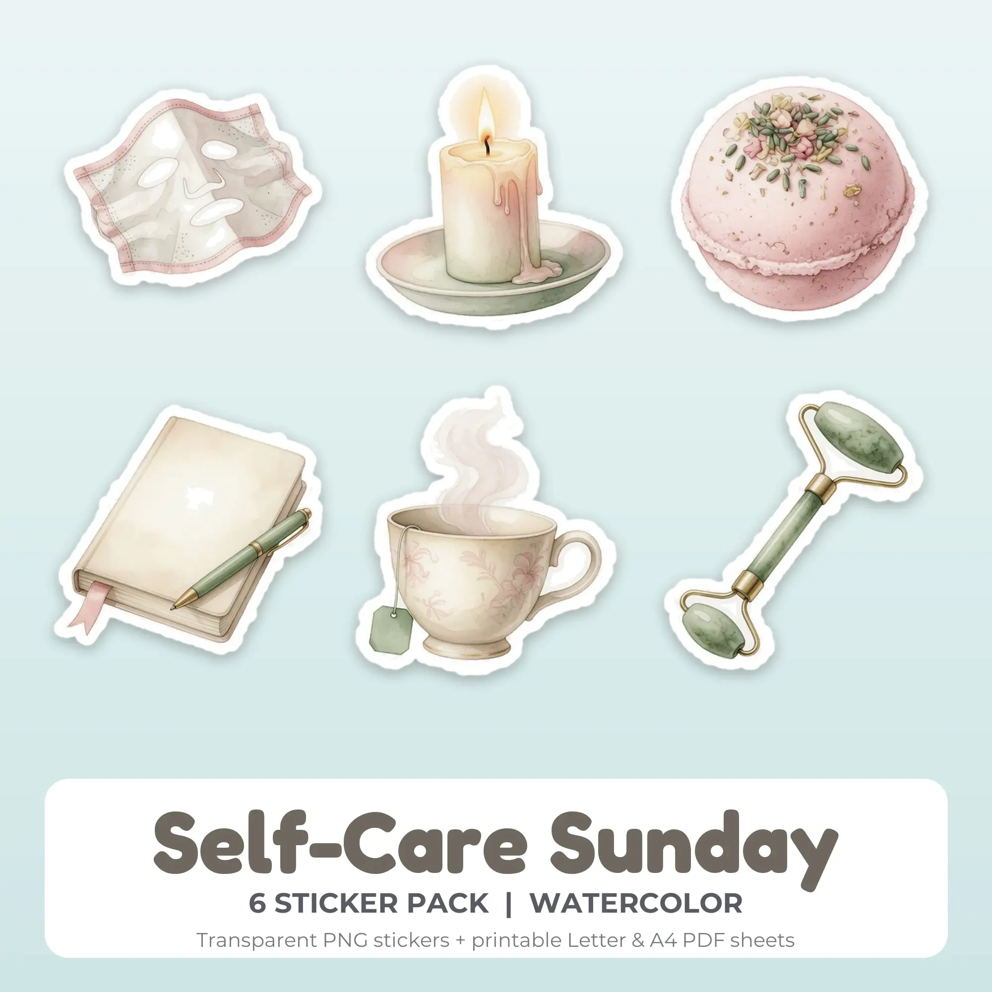 6 Self-Care Sunday Stickers - Printable Sticker Sheet PDF, preview 1 of 2