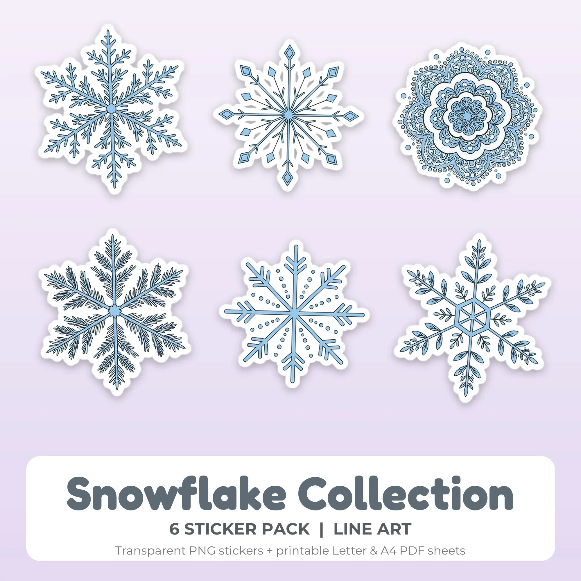 Snowflake Collection Printable Stickers - 6 Die-Cut PNG + PDF, preview 1 of 2