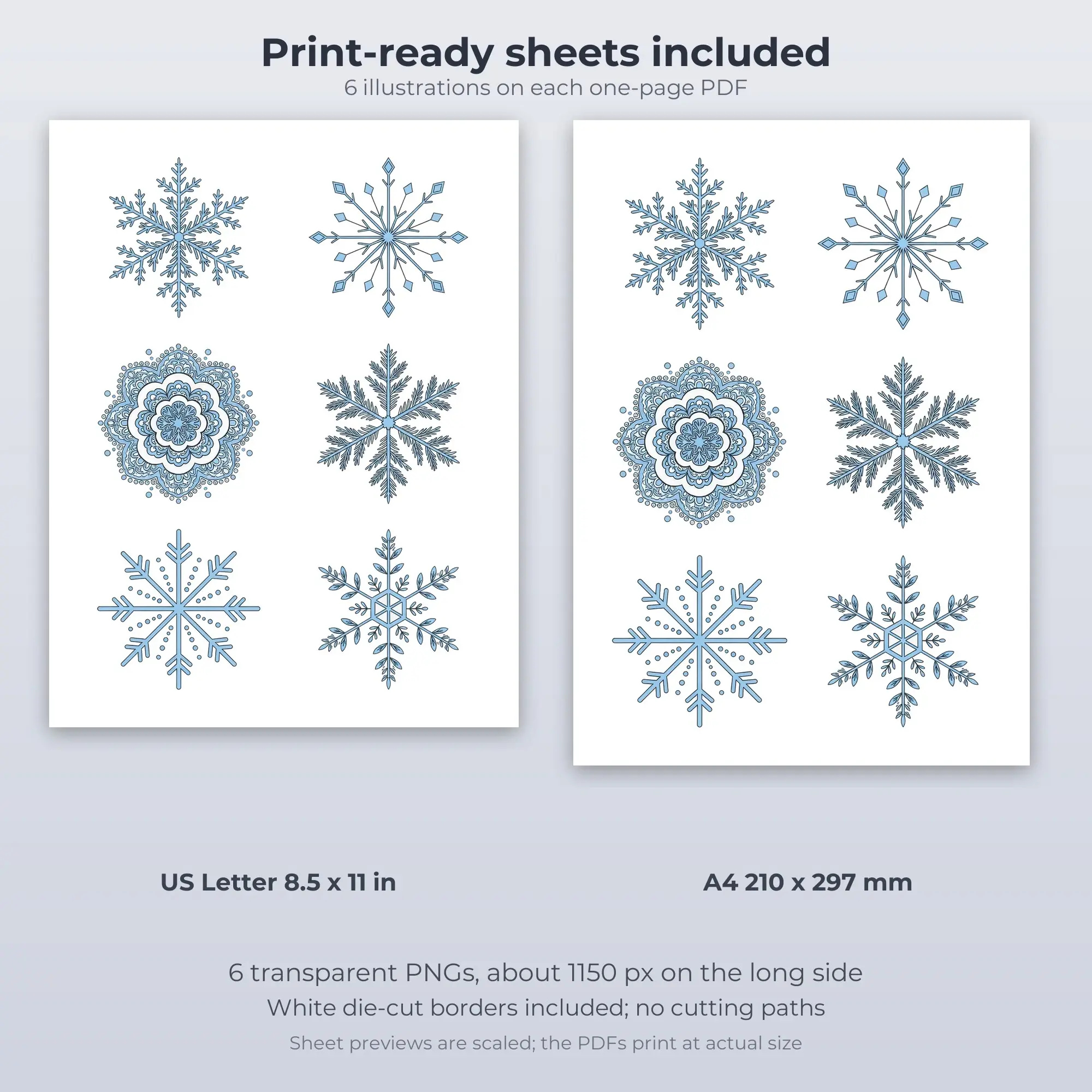 Snowflake Collection Printable Stickers - 6 Die-Cut PNG + PDF, preview 2 of 2