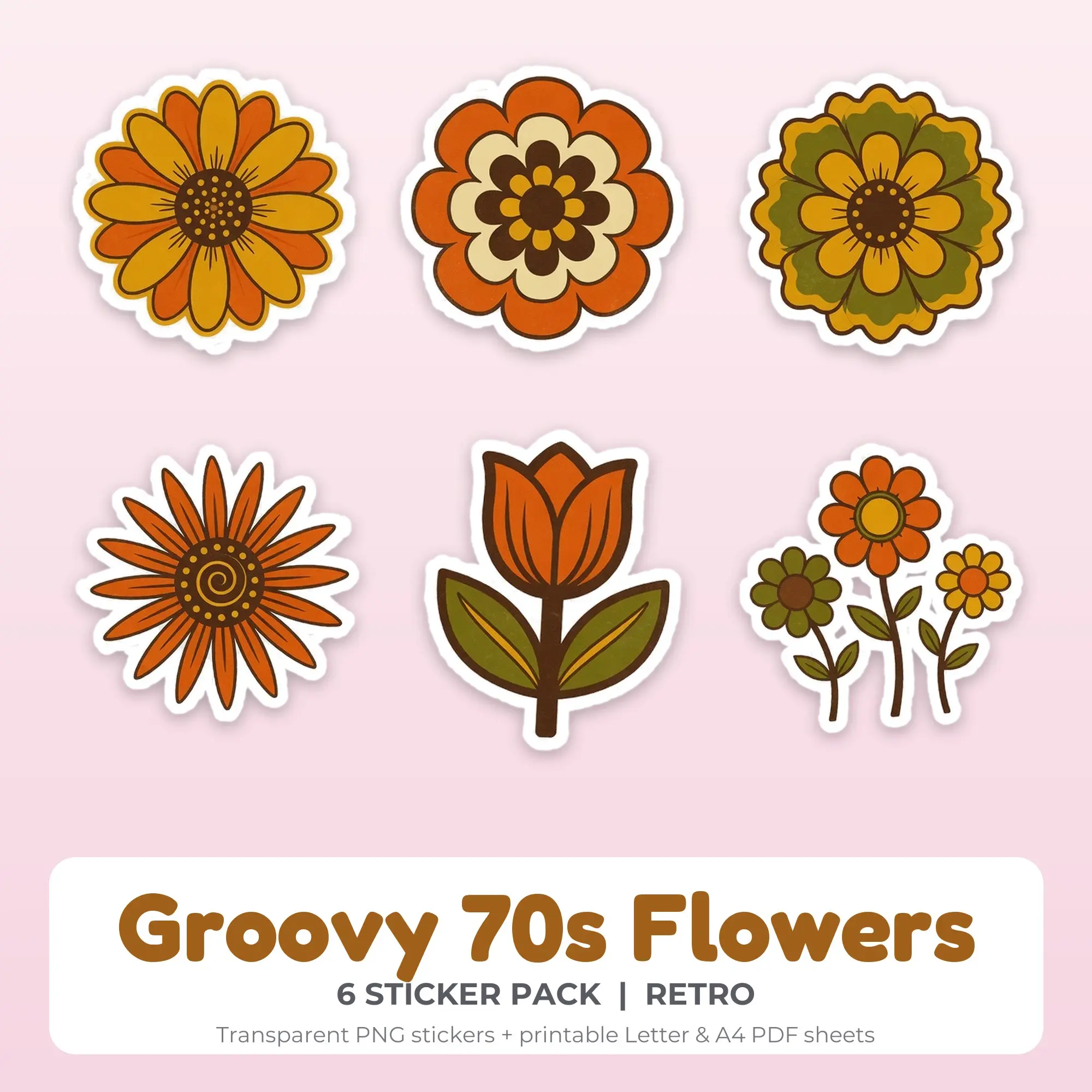 Groovy 70s Flowers Sticker Pack - 6 Printable Stickers preview