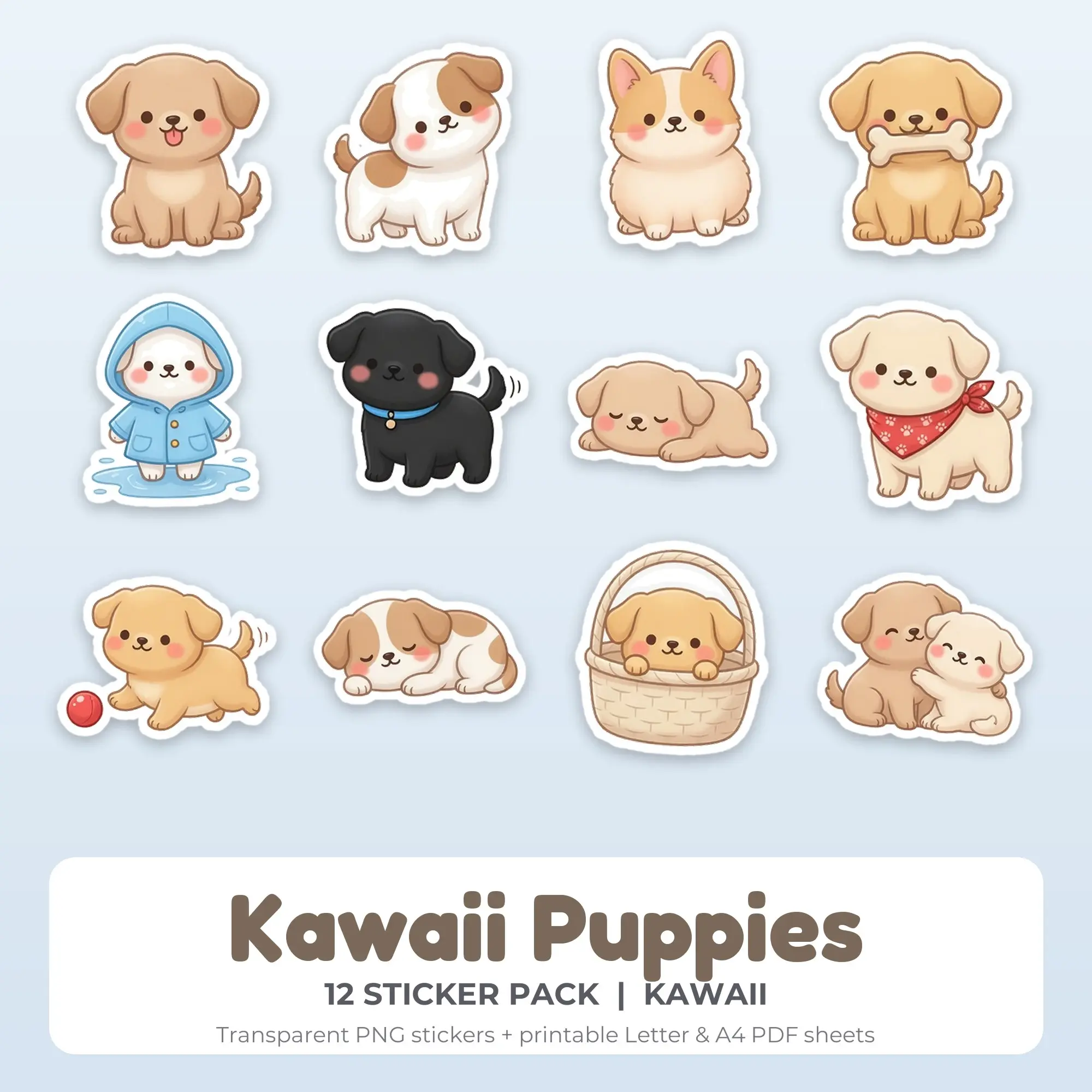 Kawaii Puppies Stickers, 12 PNG + Printable PDF Sheet preview