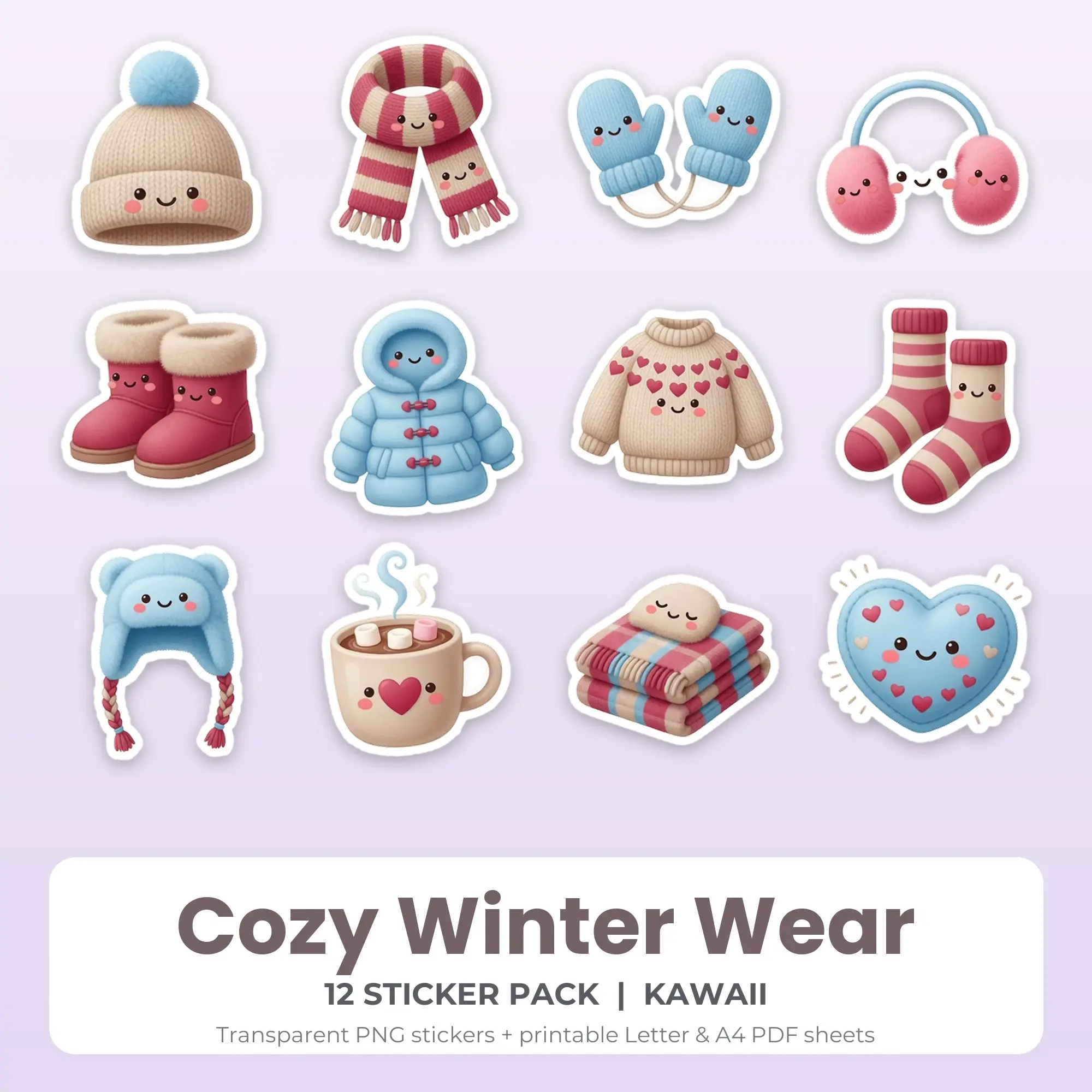 Printable Cozy Winter Wear Sticker Pack, Kawaii Style - 12 PNG, preview 1 of 2