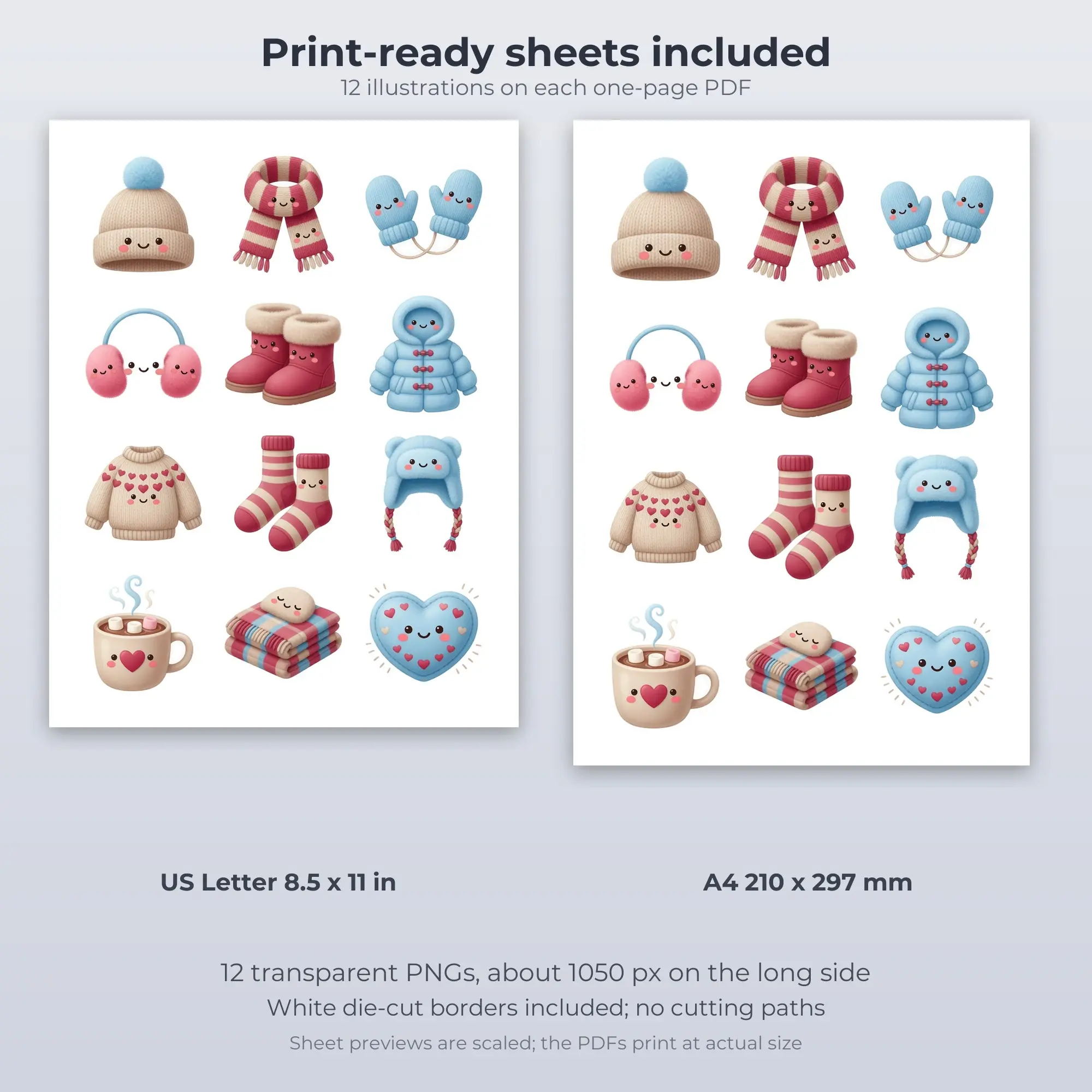 Printable Cozy Winter Wear Sticker Pack, Kawaii Style - 12 PNG, preview 2 of 2