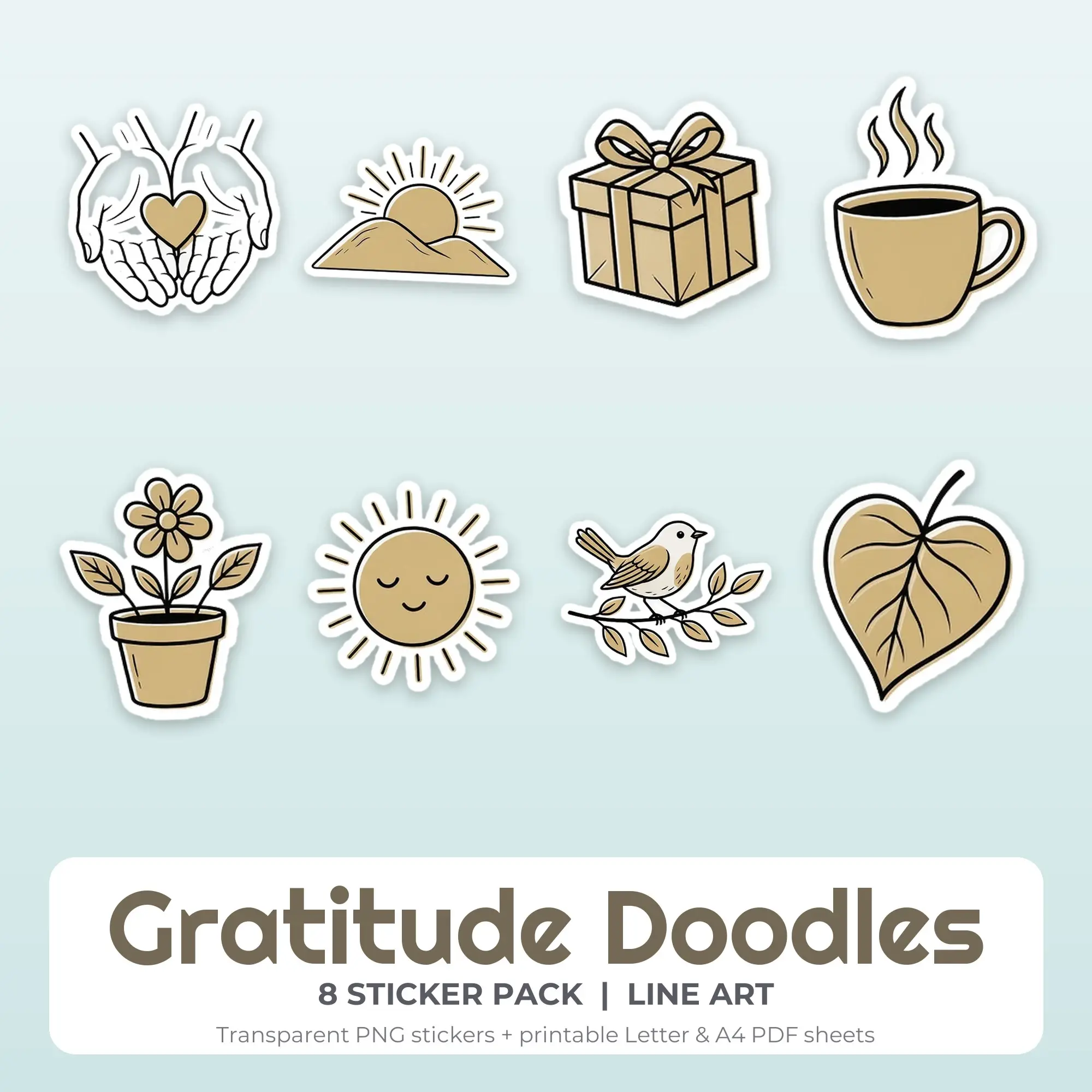 Gratitude Doodles Printable Stickers - 8 Die-Cut PNG + PDF preview