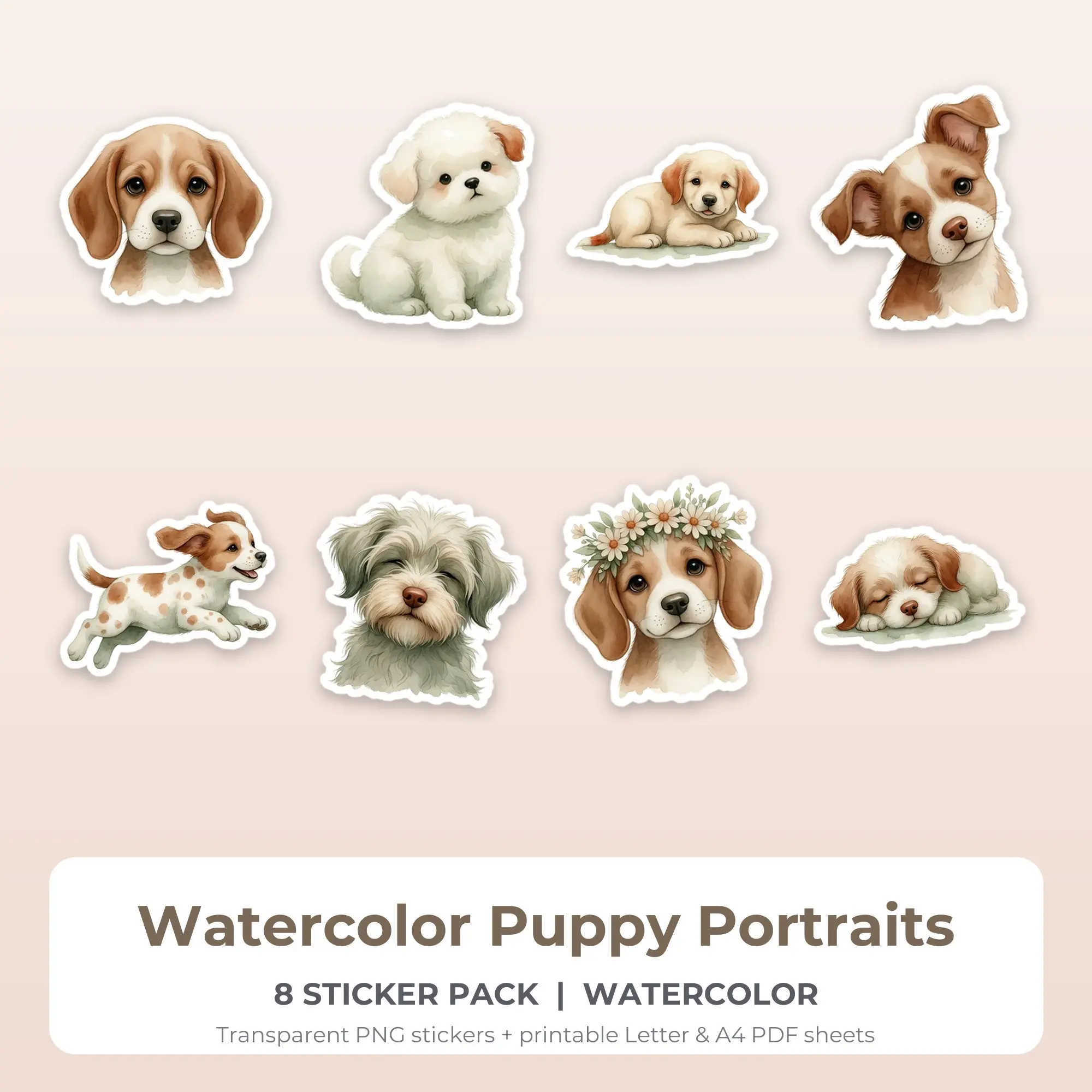 Watercolor Puppy Portraits Sticker Pack - 8 Printable Stickers preview